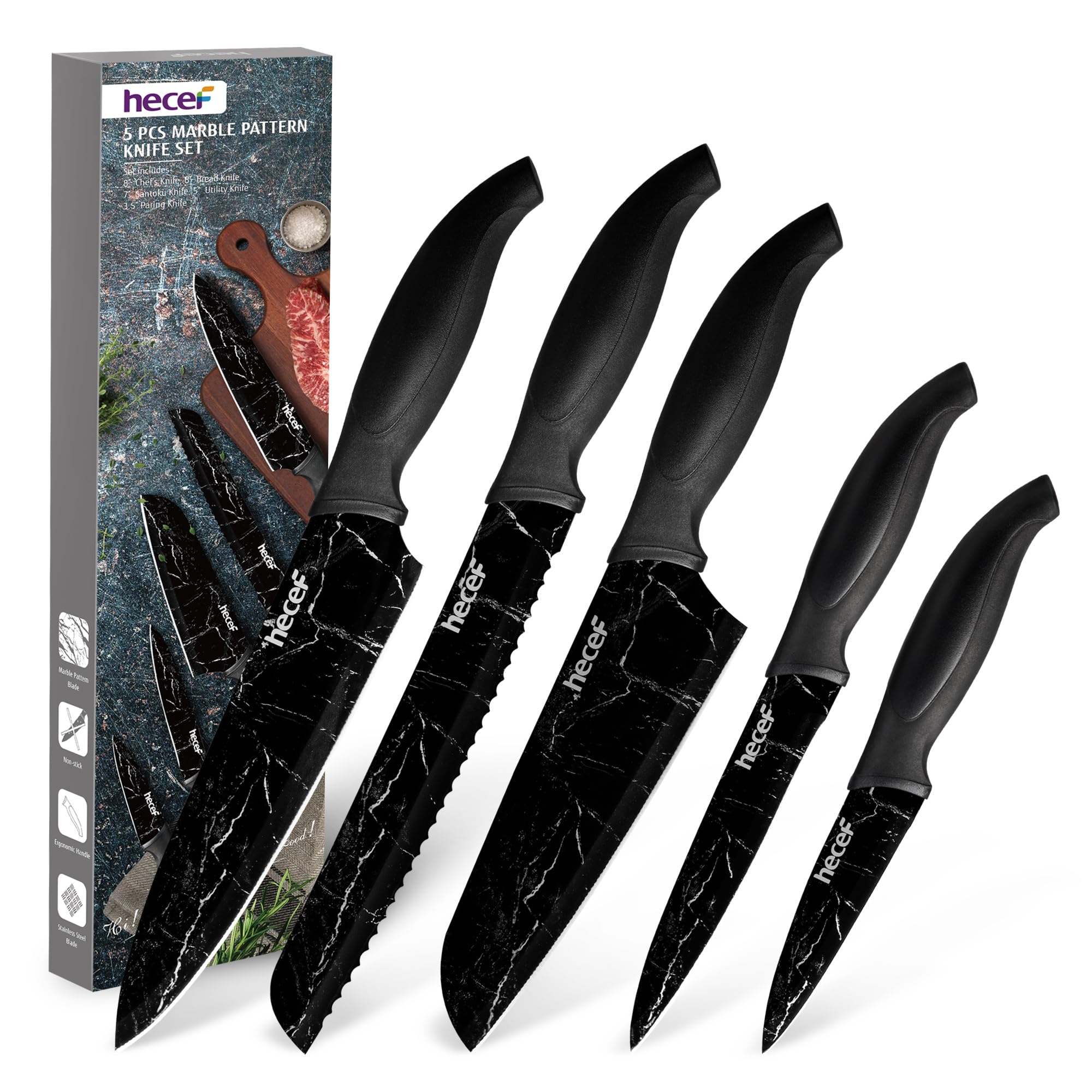 hecef Kitchen Knife Set of 5, Sharp Stainless Steel wtih Black Marble Pattern, Professional Cooking Set Including Paring, Utility, Bread, Carving, Santoku & Chef Knives