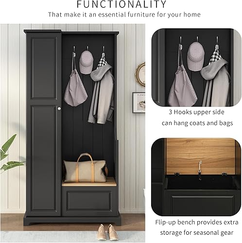Miniatura 6 de Hall Tree - Perchero de entrada con banco abatible, perchero con estantes ajustables, perchero con ganchos para colgar para entradas, vestíbulo