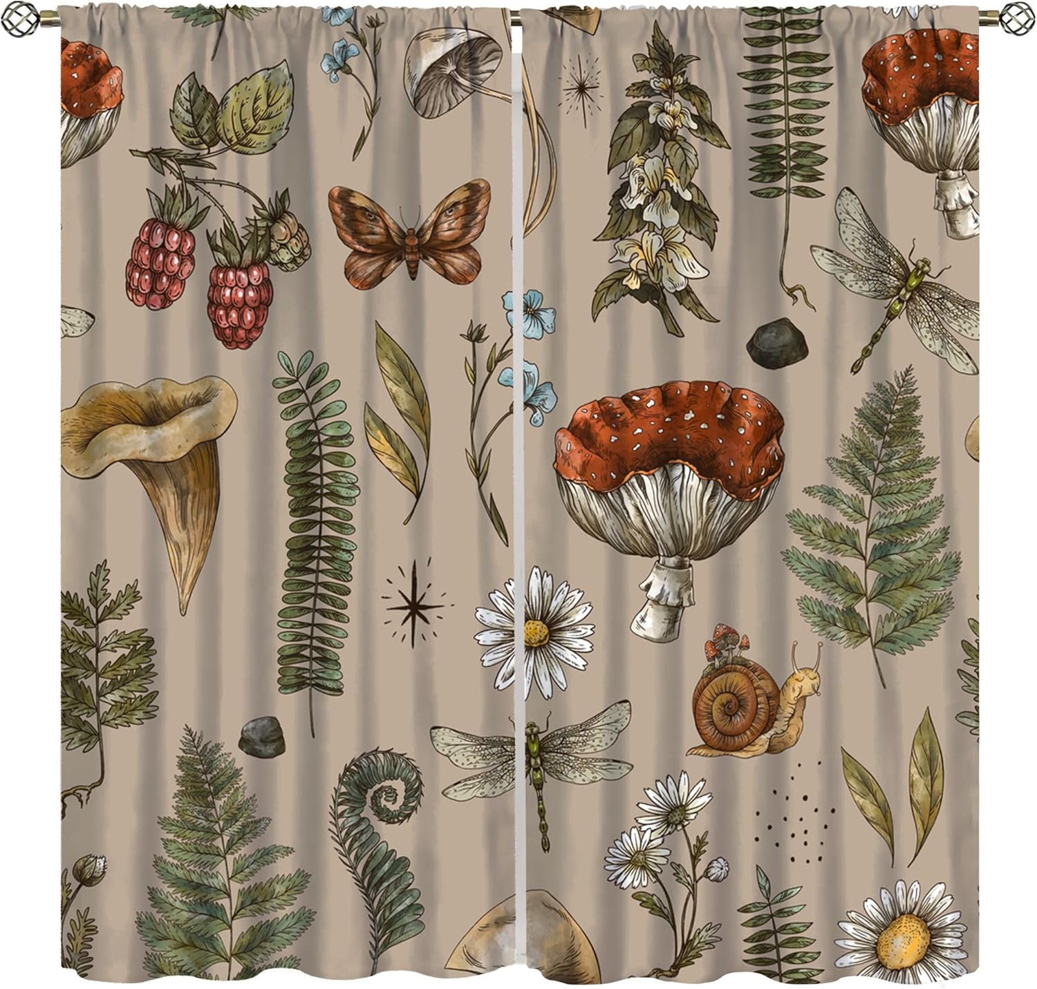 Vintage Mushroom Blackout Curtains Forest Plant Leaves Floral Berry Butterfly Window Treatments for Bedroom Living Room Office Kitchen 42" W X 63" L