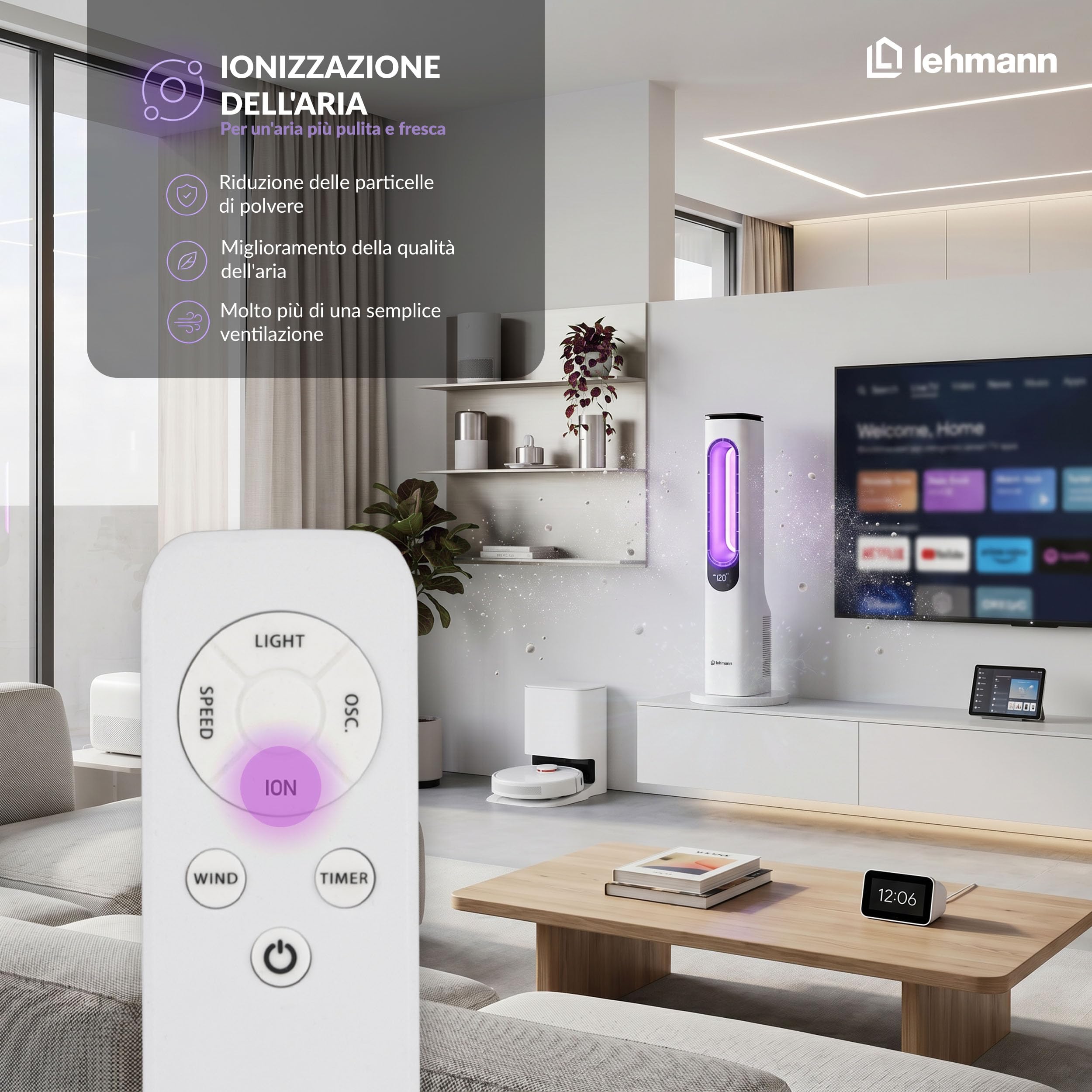 LEHMANN Ventilatore a Torre senza Pale, Ventilatore a Colonna Silenzioso con Modalità Notte, Telecomando, Schermo LED, Timer 1-15 h, 3 Velocità, 3 Modalità, 3 Colori di Illuminazione, Oscillazione