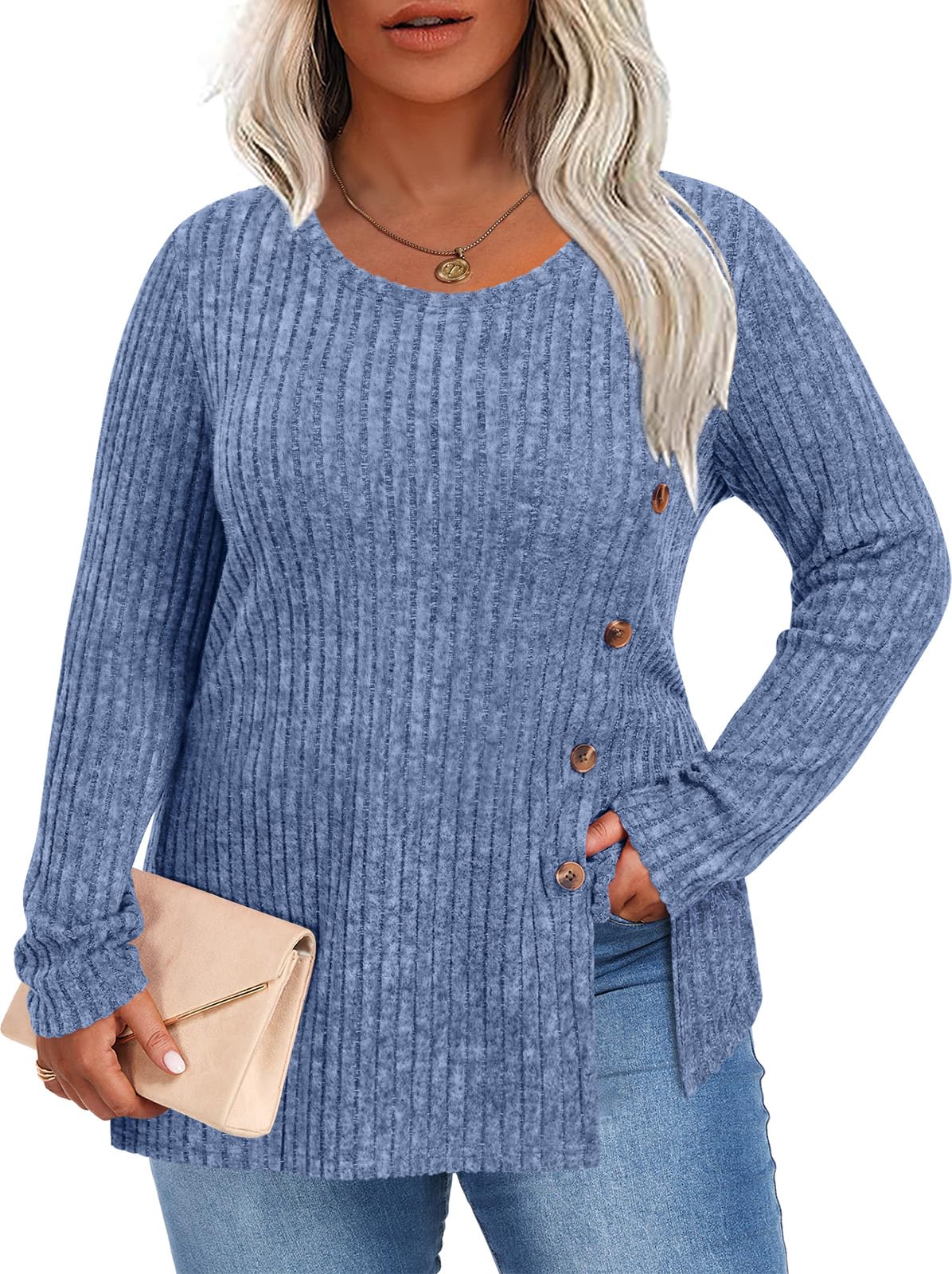 HOTGIFT Women Plus Size Top Knit Long Sleeve Sweater Button Tunic XL-5XL