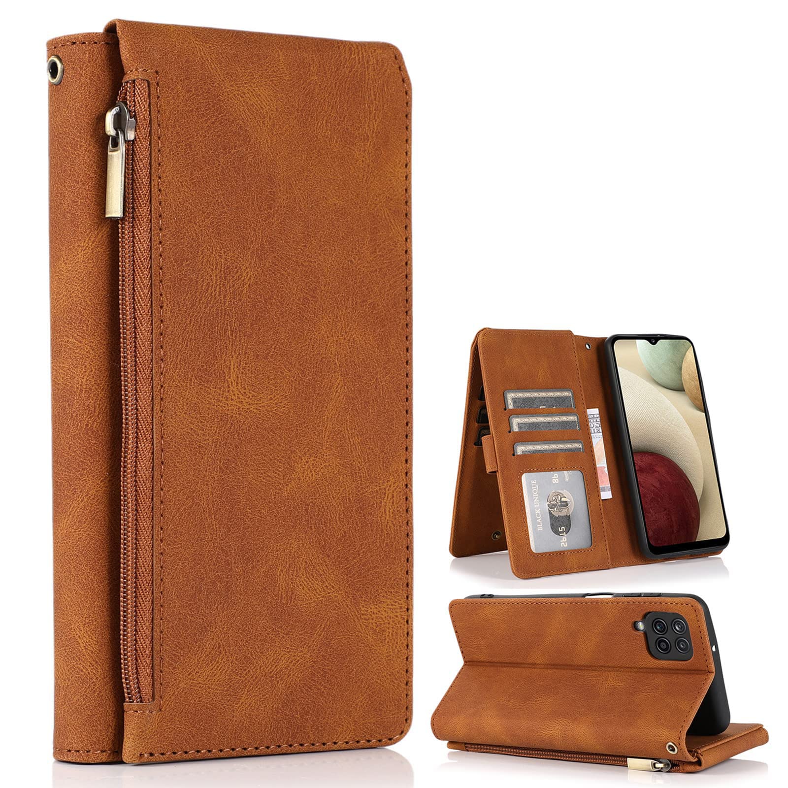 KASTWAVE Case for Samsung Galaxy A12/M12 Wallet Case ， Zipper Leather Flip Cover Card Holder Cell Phone Cases for Samsung A12 Case / M12 Case (Brown)