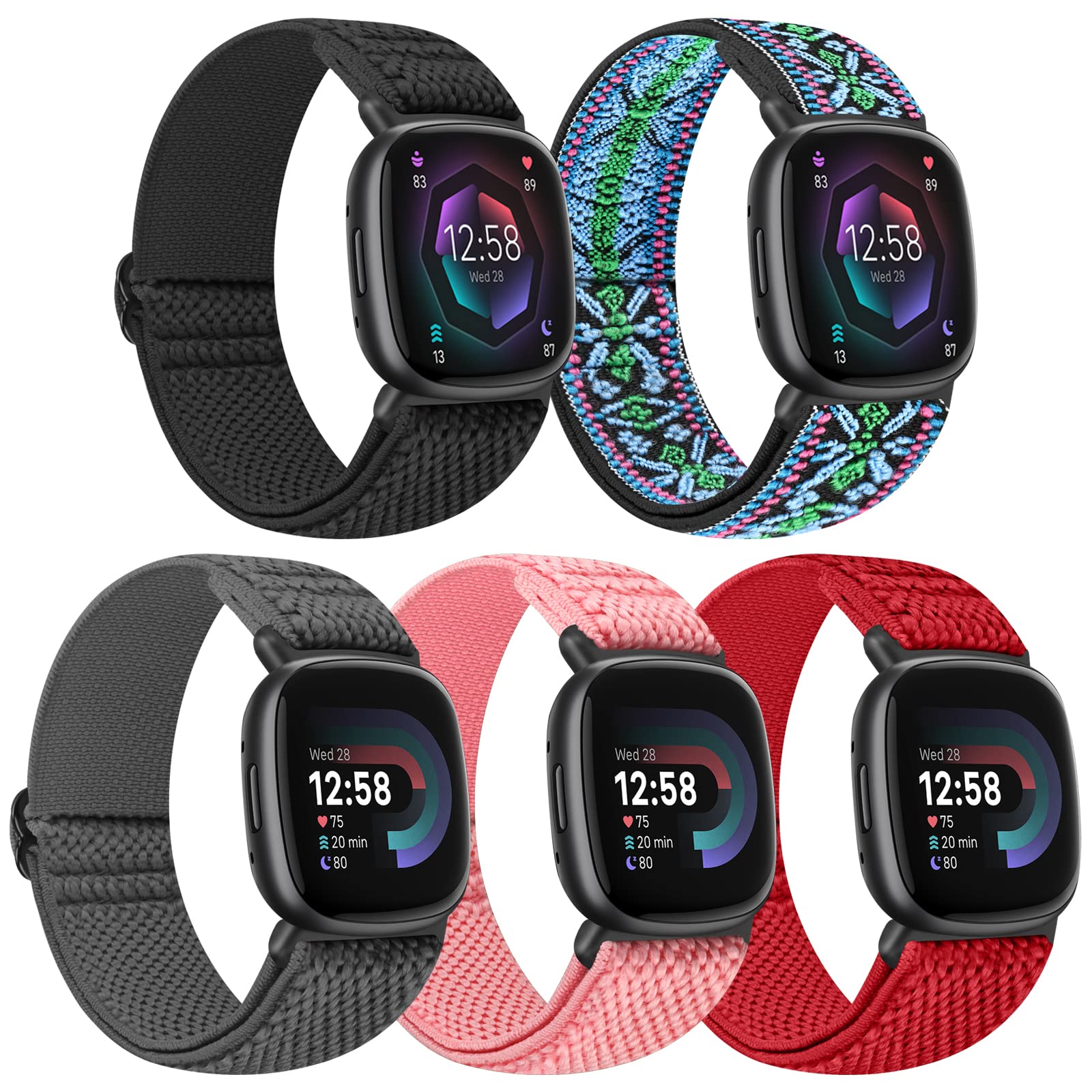 Tiptops 5 Pack Straps Compatible for Fitbit Versa 4/Fitbit Sense 2 Straps/Fitbit Versa 3/Fitbit Sense Bands Men Women, Adjustable Comfortable Loop Nylon Sports Replacement Stretchy Bands