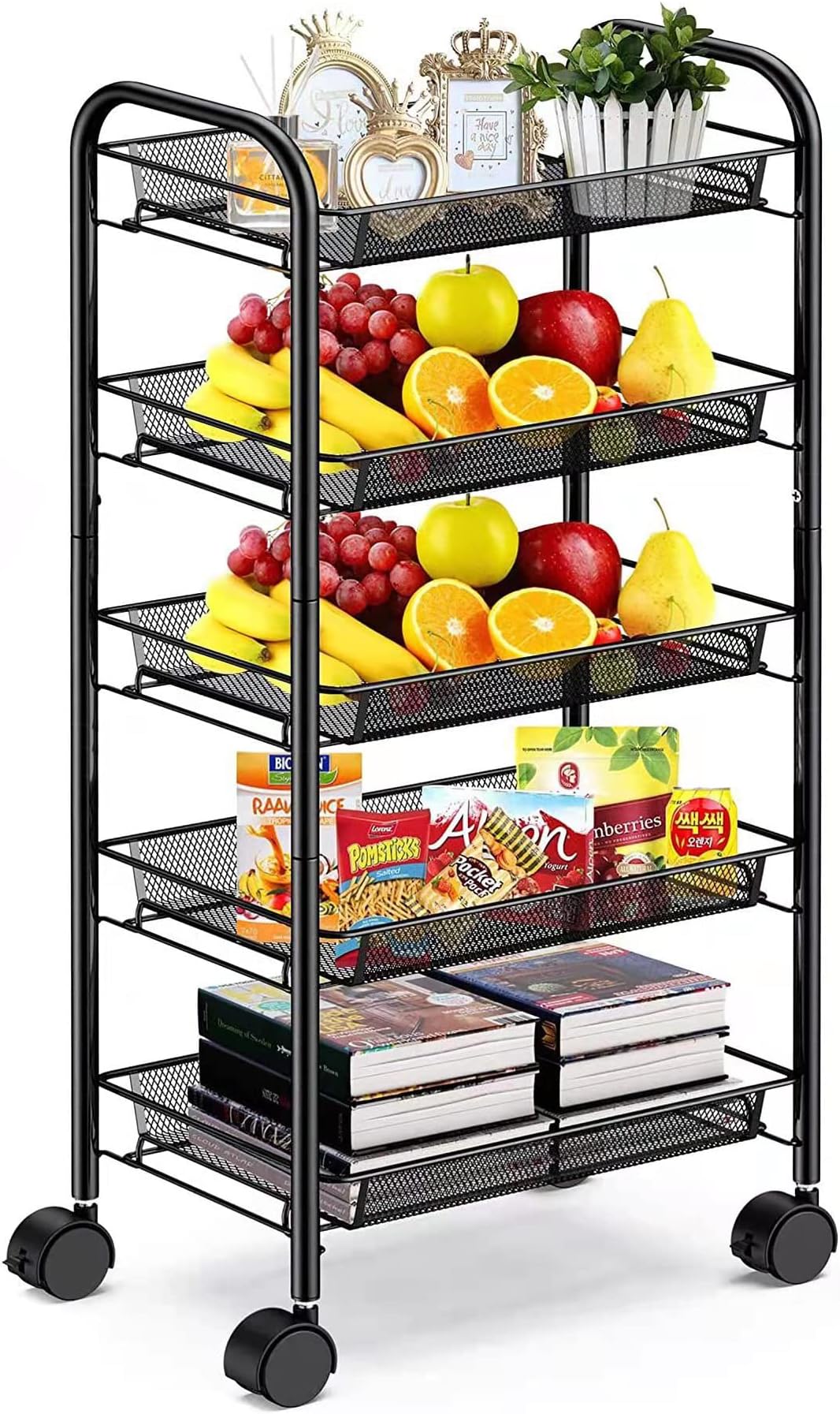 RoyalPolar Mesh Wire Rolling Utility Cart Multifunction Metal Organization with Lockable Wheels Kitchen Rolling Utility Trolley Storage Cart (5-Tier)