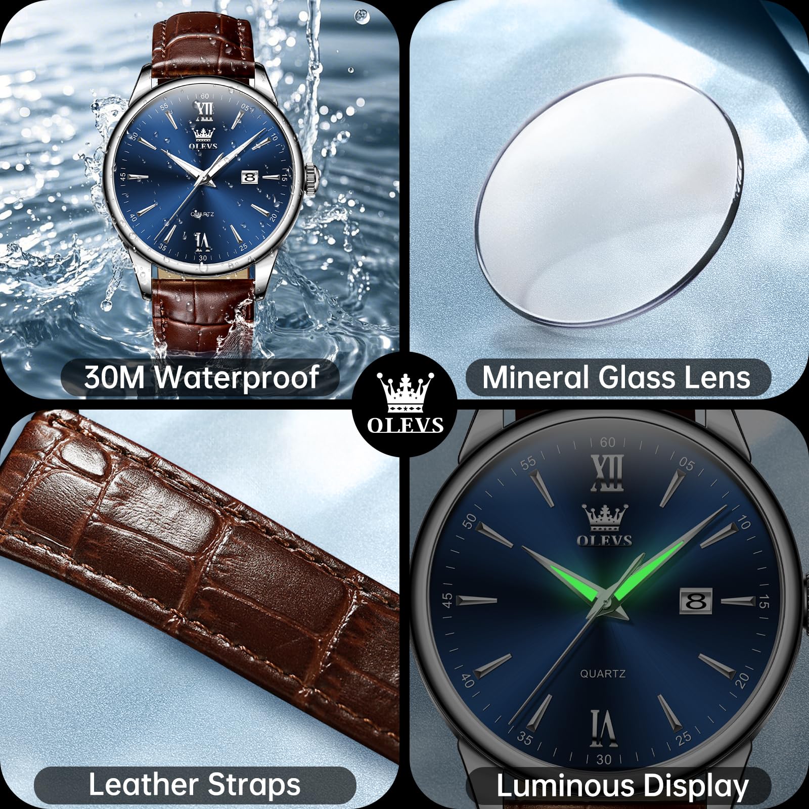 OLEVS Lederuhren für Herren, Lederband, Uhren für Herren mit Datum, wasserdicht, großes Zifferblatt, leicht zu lesen, lässig, Quarz, analog, minimalistisch, Relojes para Hombres