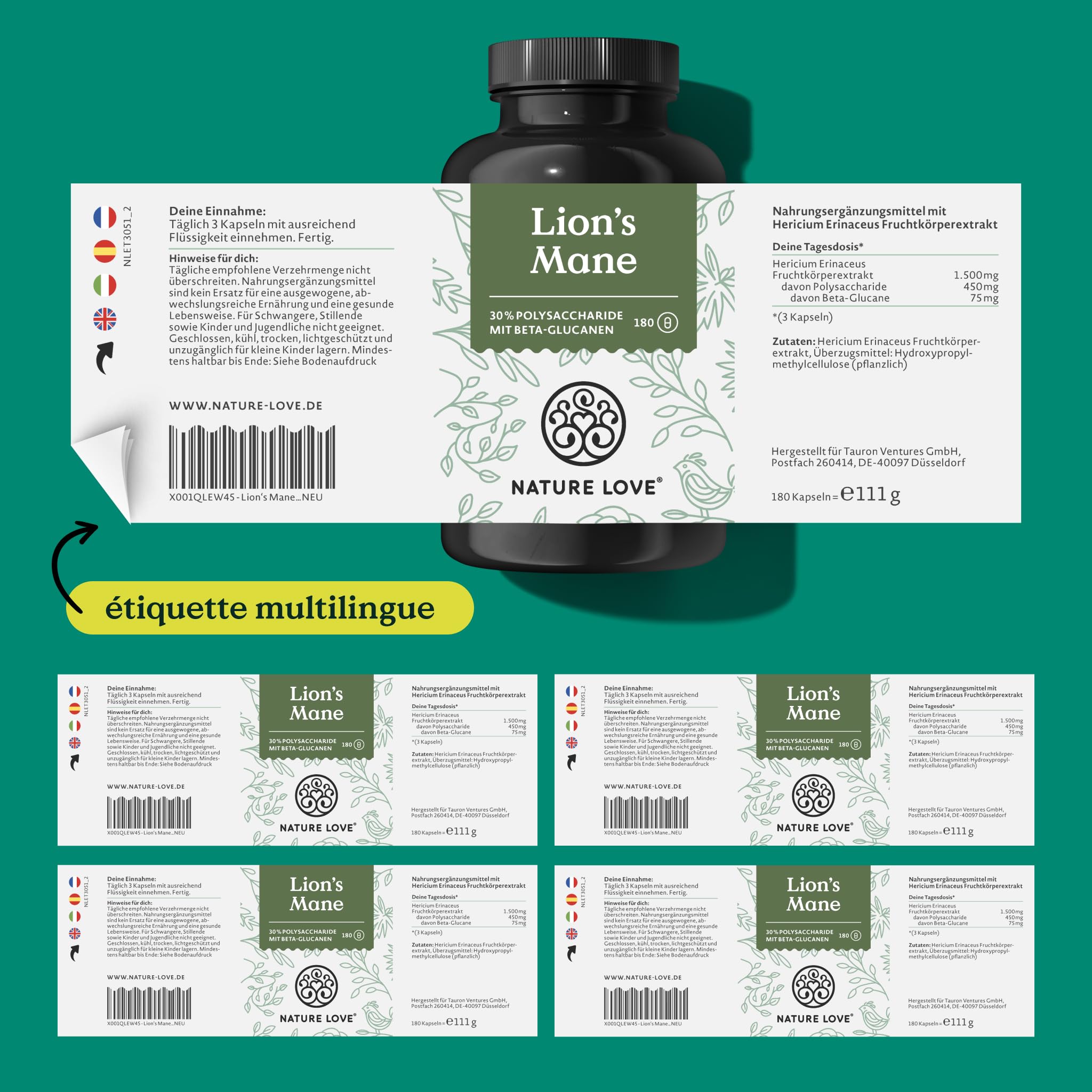 NATURE LOVE® Lions Mane - 180 gélules - hautement dosé, avec extrait 30:1 de 1500mg par dose journalière - 30% polysaccharides, 5% bêta-glucanes - Lion’s Mane - végane, testé en laboratoire