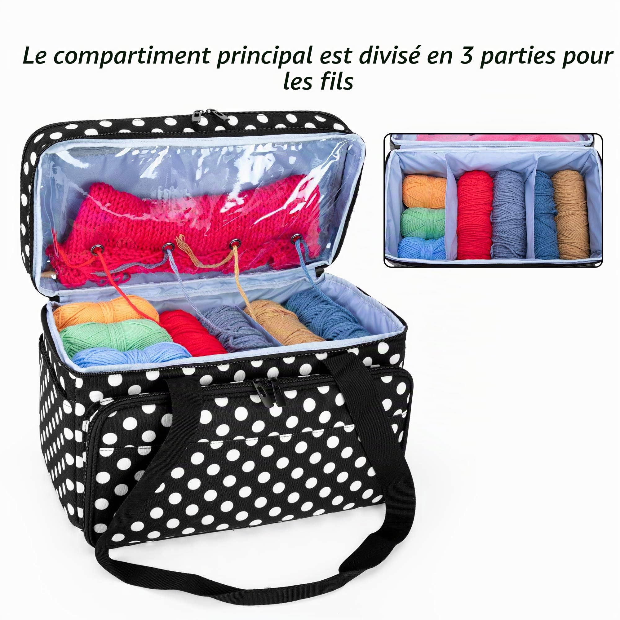 CURMIO Sac à Tricot Double Couche, Rangement pour Laine Crochets, Pois | Plusieurs Élastiques & Compartiments, 4 Œillets, Bandoulière, pour Aiguilles à Tricoter & Projets de Tricot, Sac Uniquement