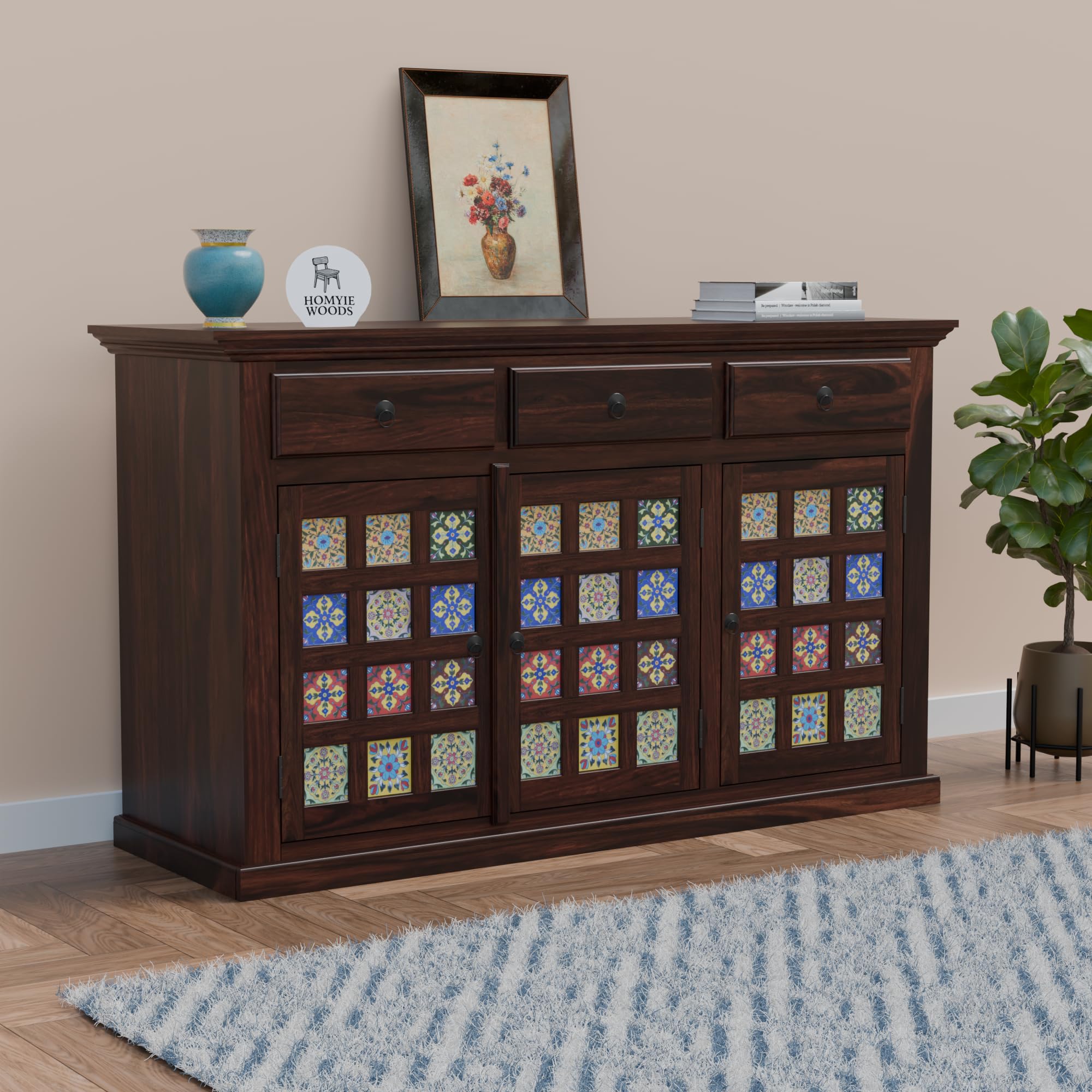Homyie Woods Solid Wood Sideboard with Ceramic Tile, 3 Drawers, 3 Doors, Wood Sideboard Tv Cabinet for Living Room | Free Standing Movable Tv Unit Side Board Cabinet Storage Furniture (Walnut Finish)-image-14