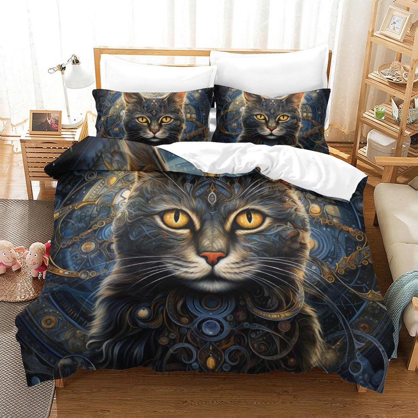 Housse de couette chat 3D 260x220 parure de lit microfbre ado