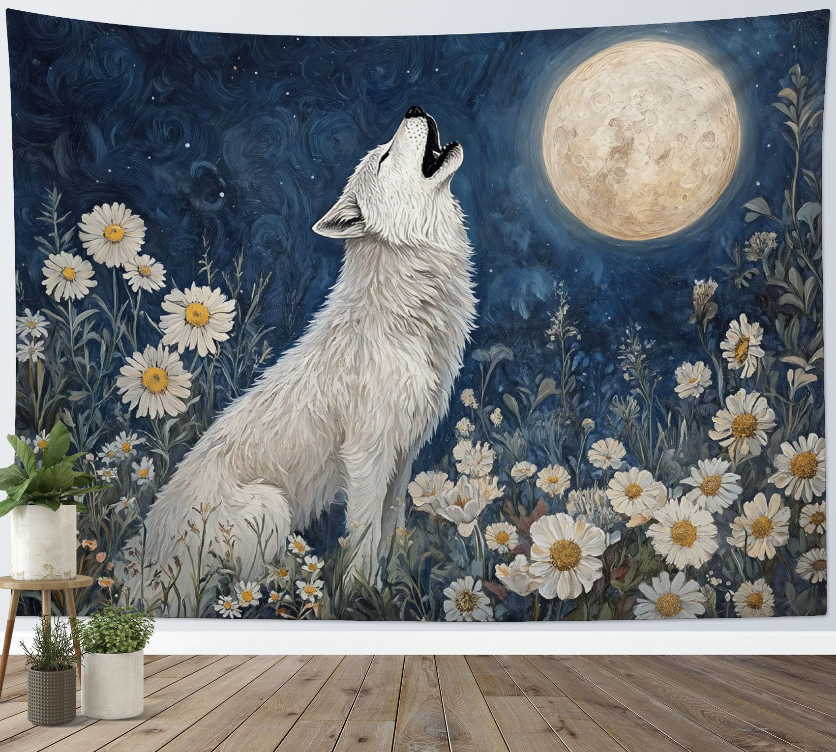 LB Wolf Tapestry Wall Hanging Rustic Daisy Flower Aesthetic Botanical Moon Night Wall Decor for Living Room Bedroom Home Office,92x70 inch