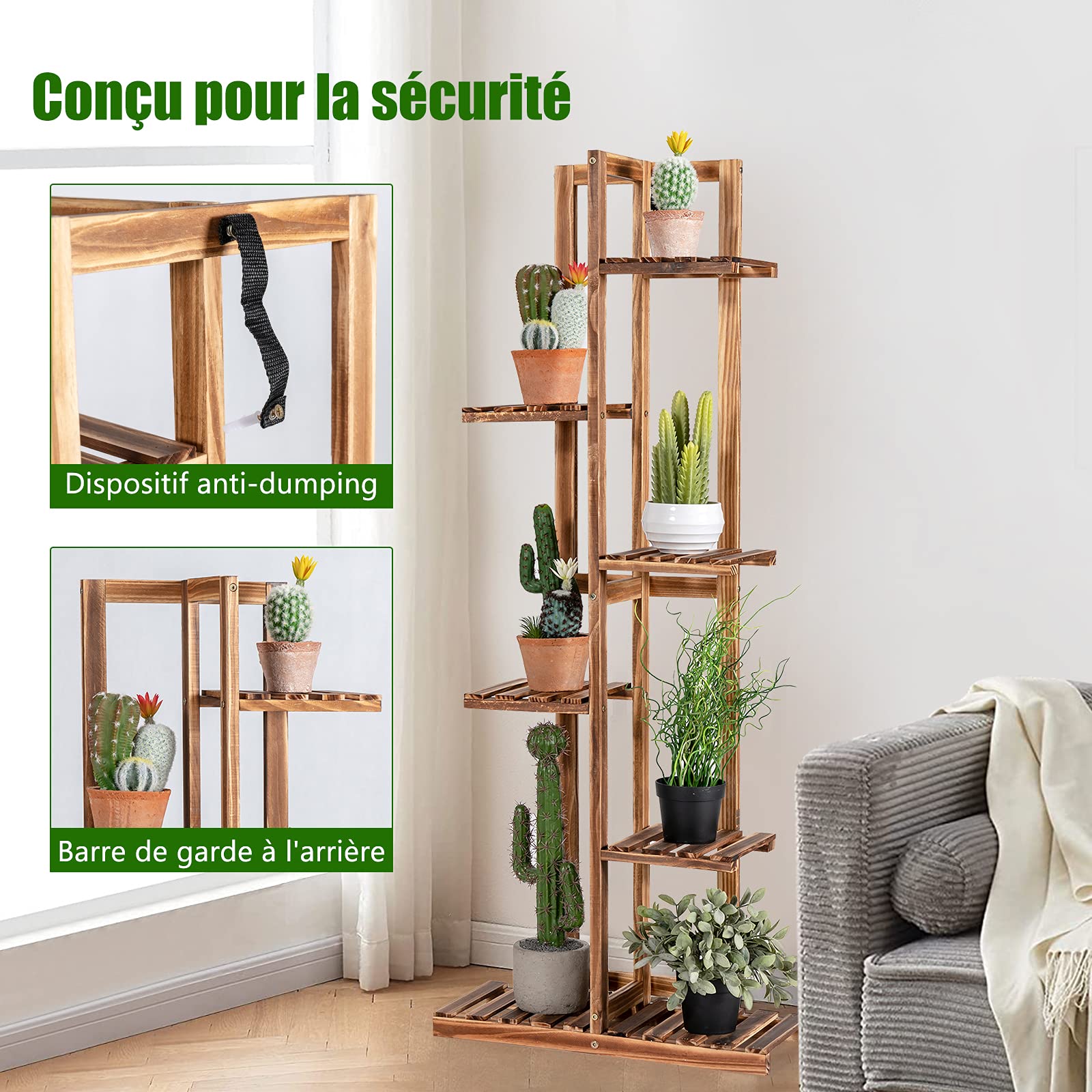 GOPLUS Porte-plantes à 5/6 Niveaux, Étagère à Fleurs en Bois de Pin, Support à Plantes pour Jardin, Balcon, Extérieur et Intérieur (6 Niveaux)