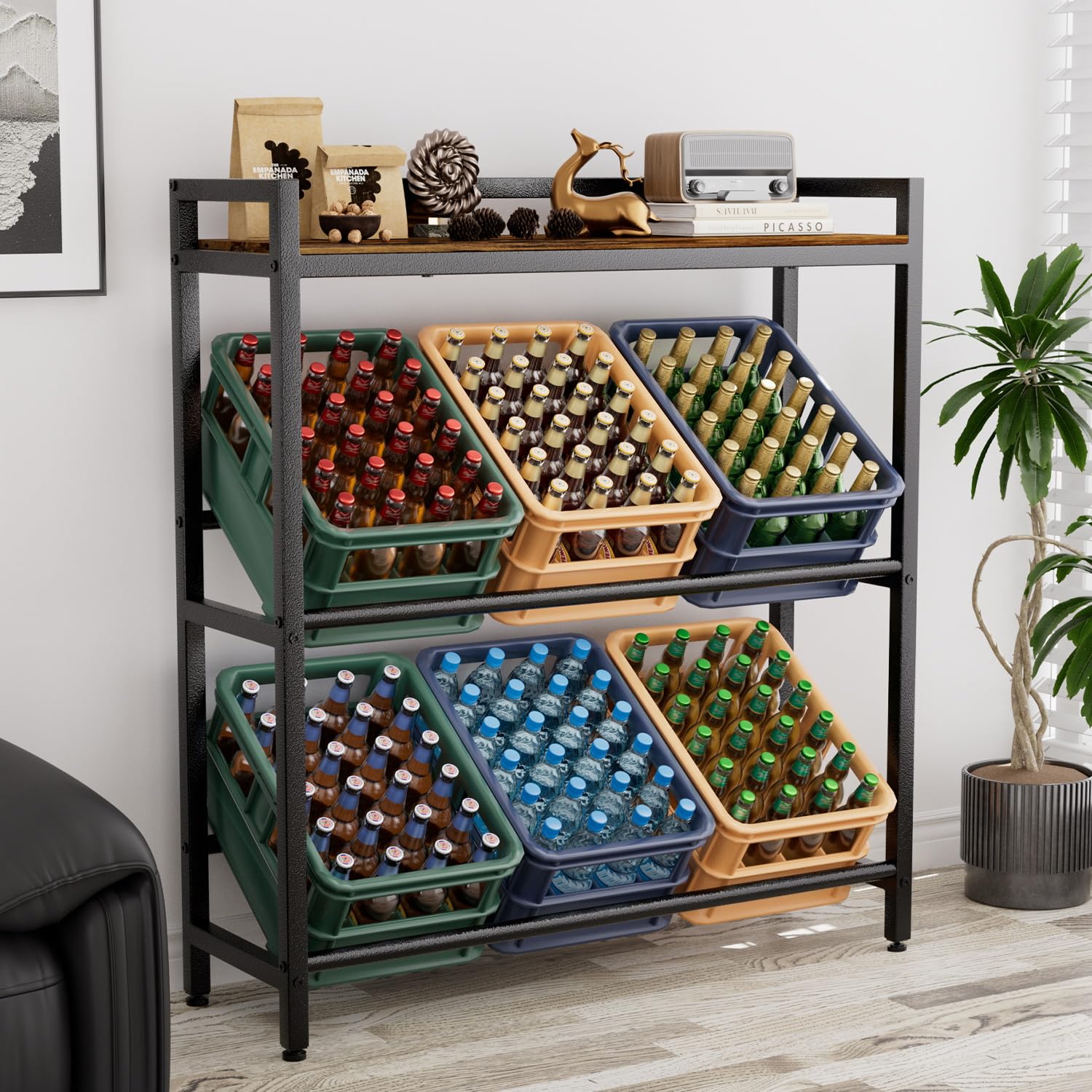 Getränkekistenregal 6 Kisten mit Ablage,33D x 104W x 115H cm Getränkeregal,Stabiler Metall Regal Getränkekisten,Freistehend Bierkisten Regal für Küche Keller Garage,Kistenregal Rustikales Braun