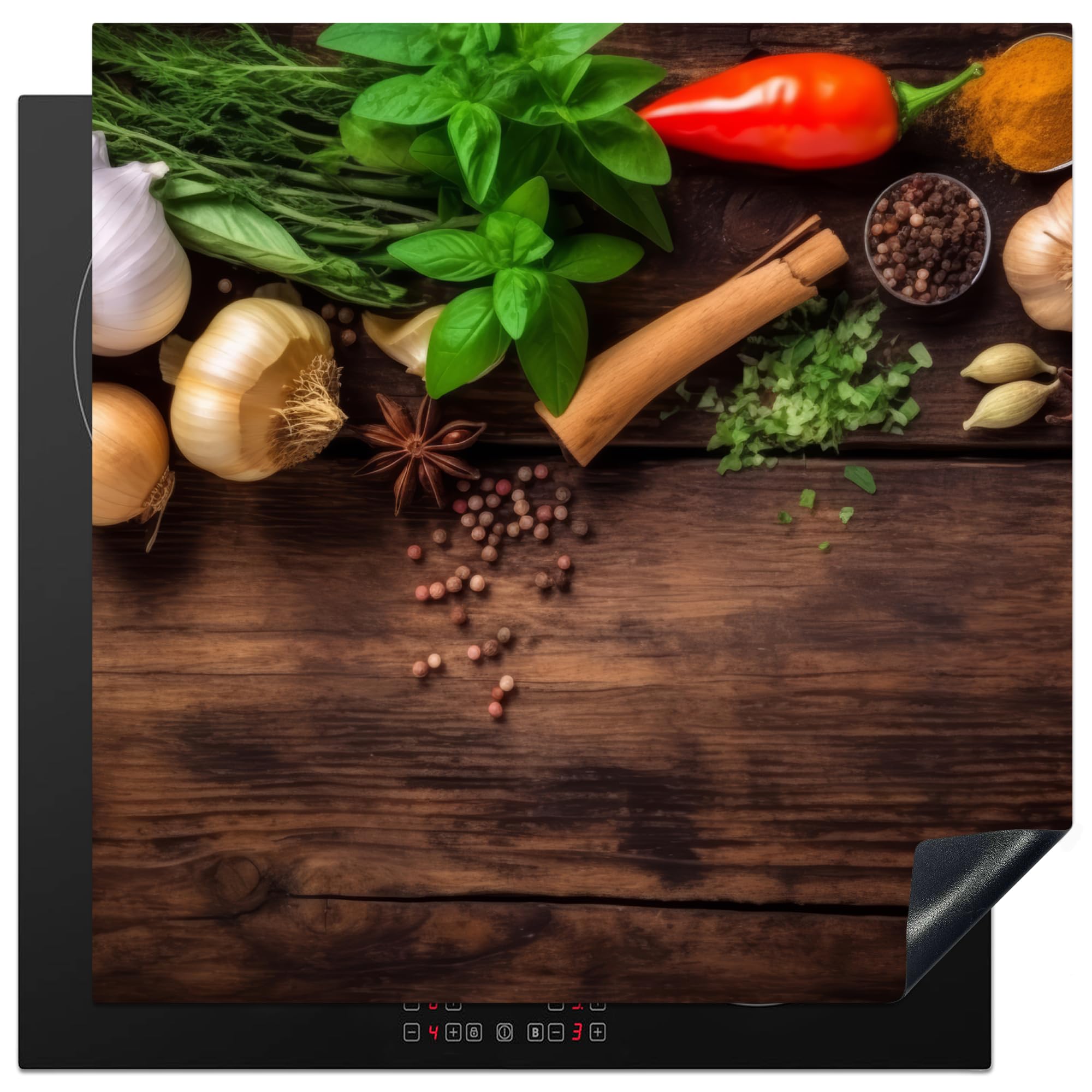 KitchenYeah© Induction Hob Protector Mat 30.7"x30.7" / 78x78 cm Stove Cap Top Cover Kitchen Cooker Covers for Electric Hobs Vinyl Garlic - Herbs - Vegetables - Spices - Wood - Still Life