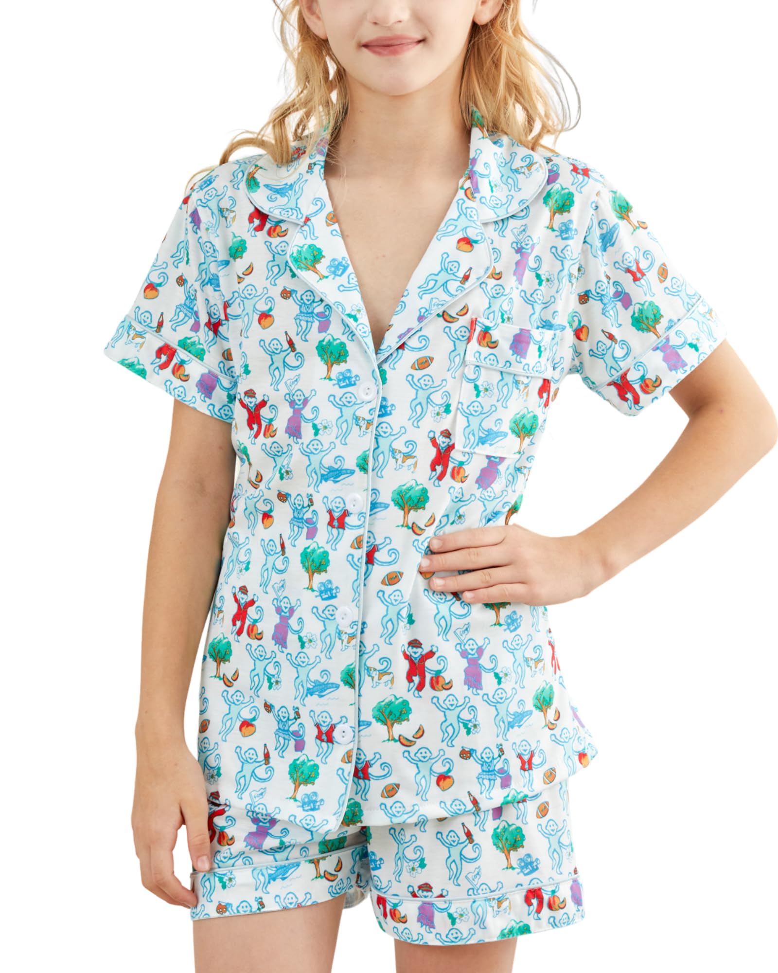 Girls Pajamas Sets, Kids Monkey Button Down Sleepover Loungewear