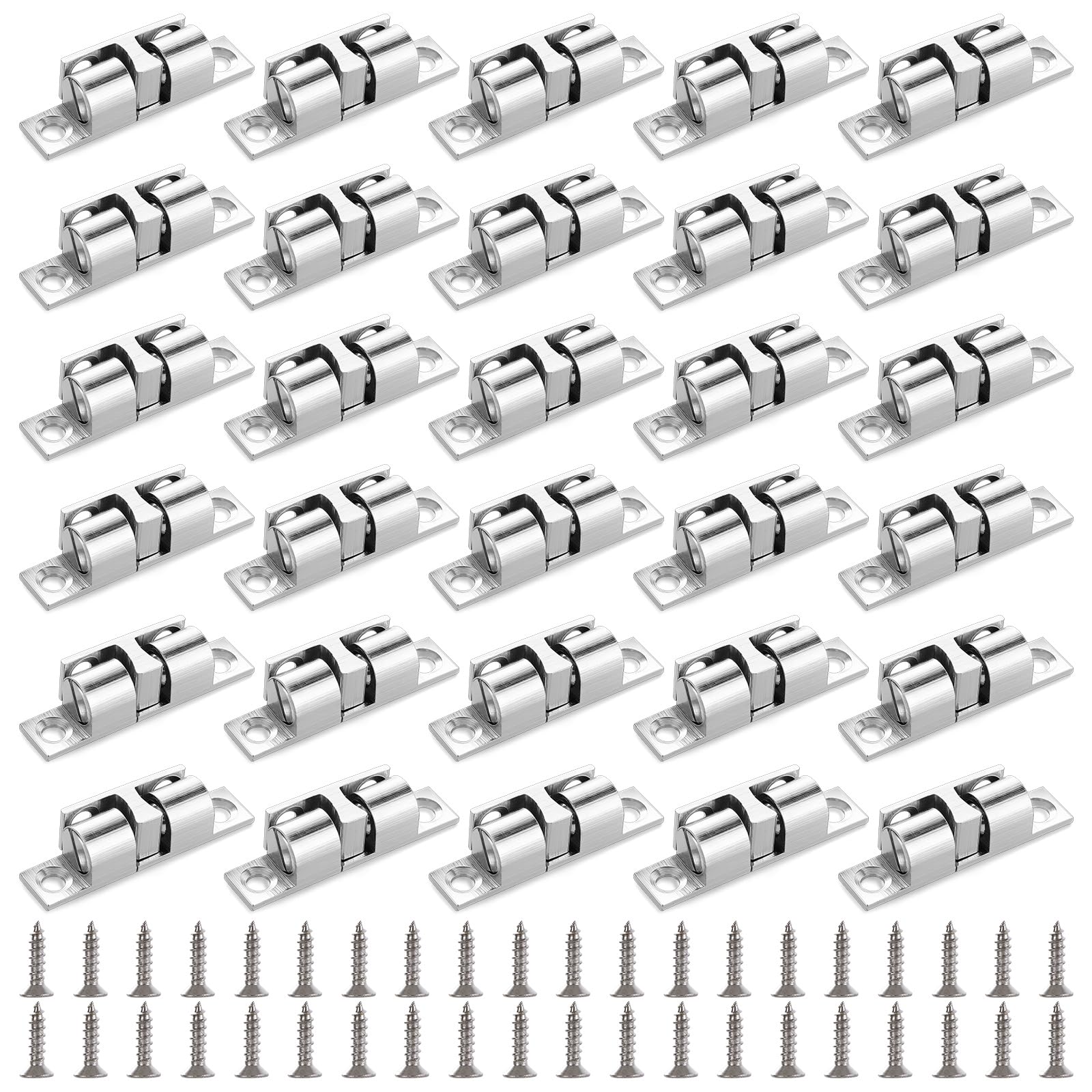 Ghligna 30pcs Silver Double Ball Roller Tension Door Catches, Adjustable Cabinet & Internal Door Latches for Cupboard, Wardrobe, Kitchen Closet Furniture (Screws Included)