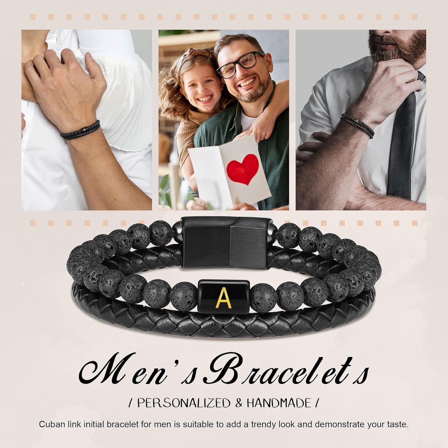 Leather Bracelets for Mens Gifts - Premium Genuine Leather Natural Lava Rock Matte Agate Adjustable Stainless Steel Magnetic Clasp Initial Bracelet, Unique Gifts for Men Husband Dad Son - Image 3