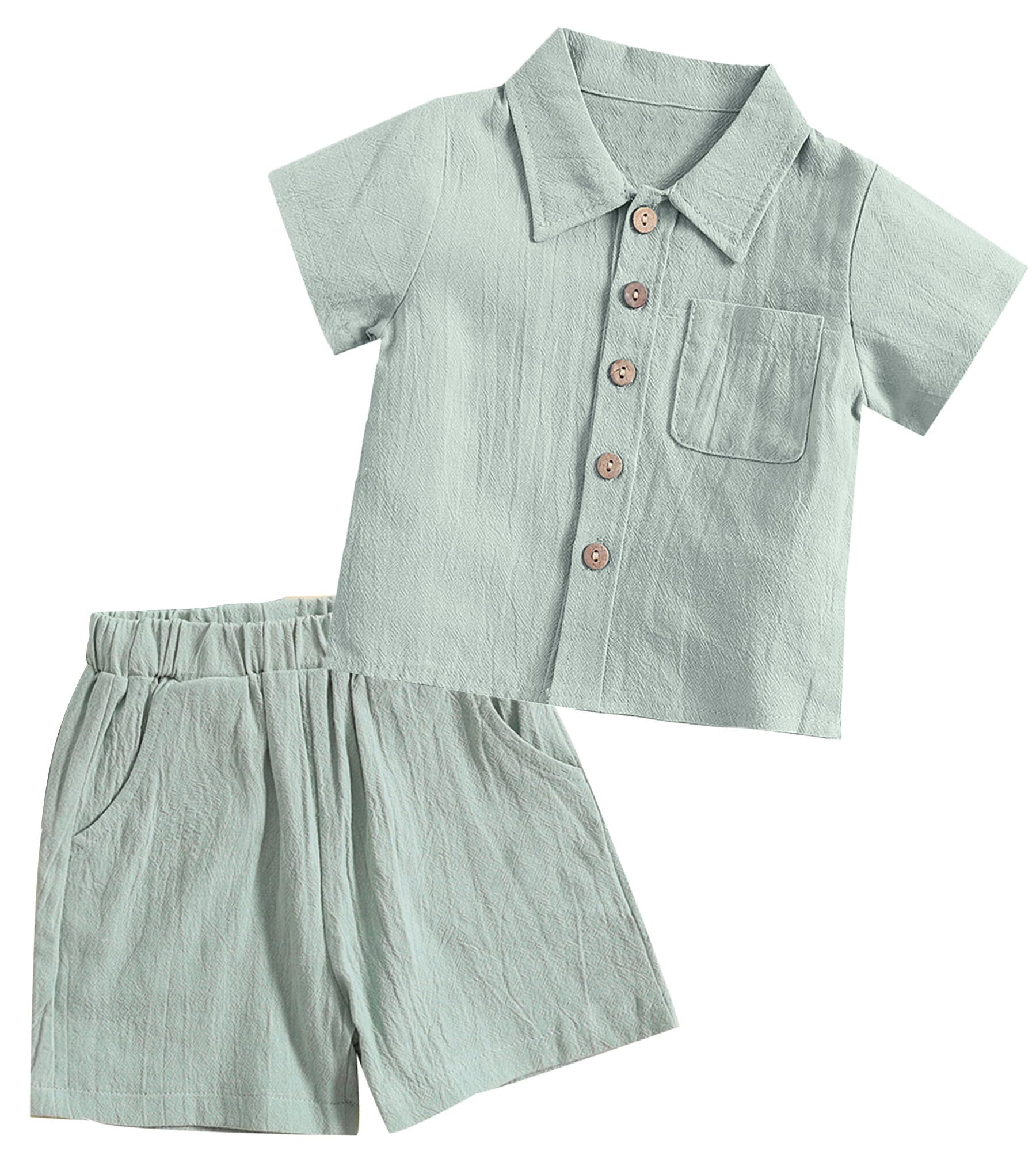 Happy Cherry Conjunto de Lino Bebé Recién Nacidos Ropa de Algodón Niño Traje Verano Infantil Juego de 2 Piezas Color Sólido Camisas Manga Corta Pantalones Cortos - 6 Meses - 4 Años