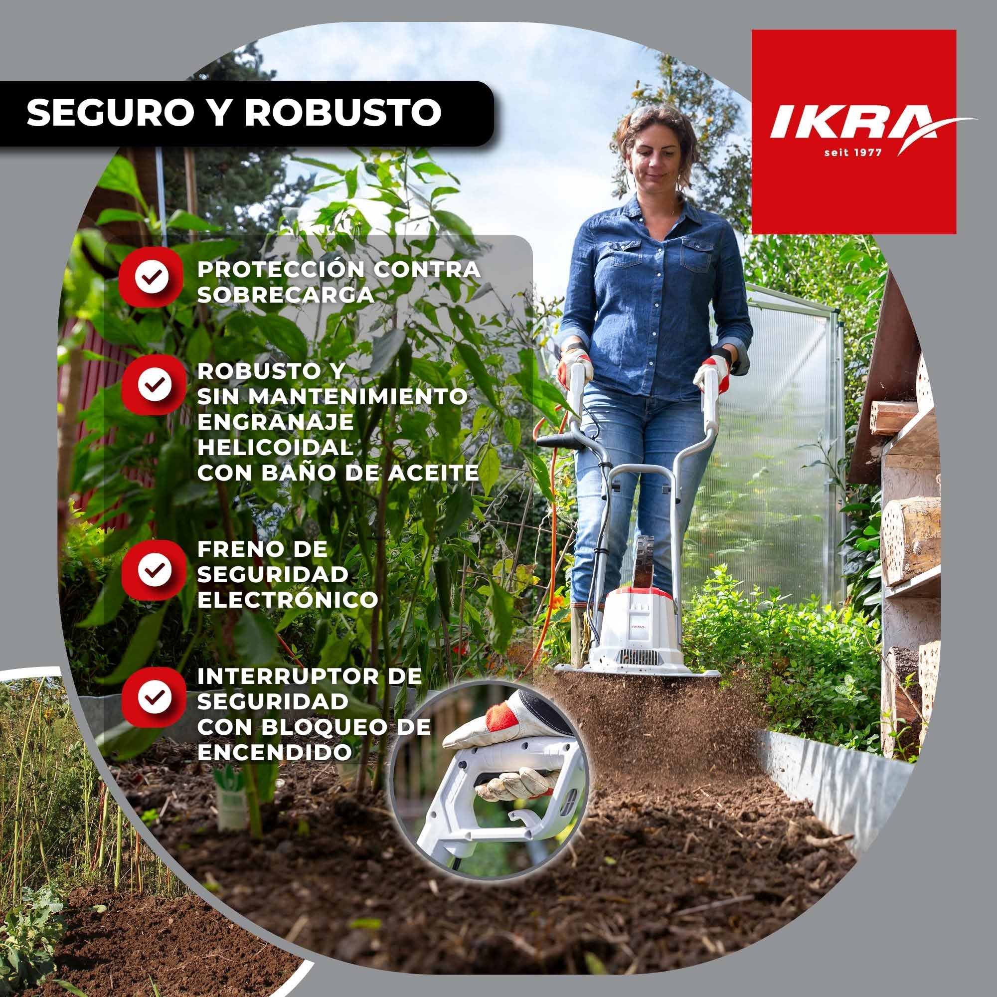 IKRA motozada eléctrica IET 1030, Ancho 30 cm, Profundidad 20 cm | 1080 W, espolón de freno, rueda de transporte, plegable ahorra-espacio, protección contra sobrecargas