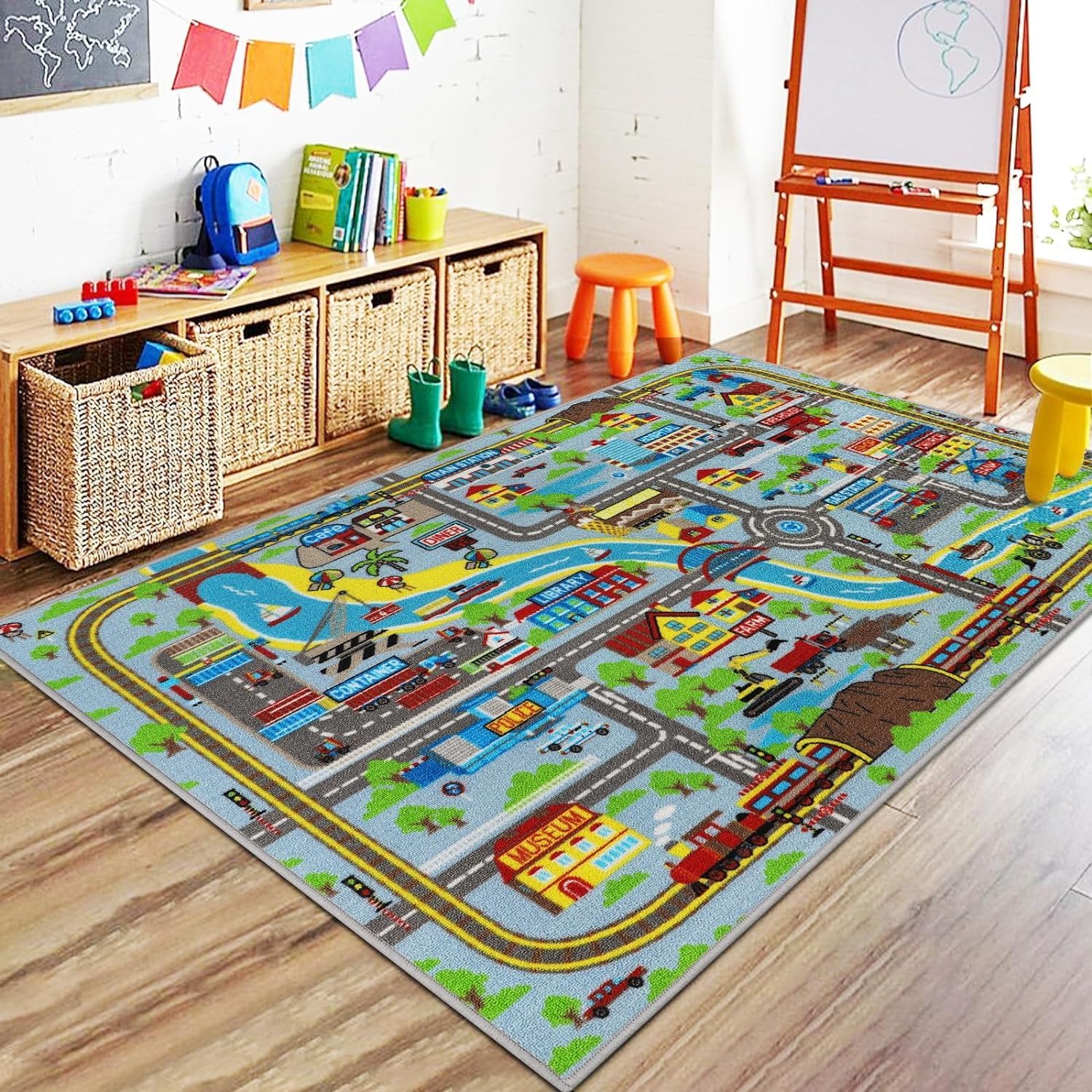 Capslpad Kids Play Mat 160x100cm Non-Slip City Life Play Area Carpet Washable Car Play Mats Short Pile Traffic Road Learning Educational Area Rug for Kids Room Bedroom Playroom Decor, Pastel Blue