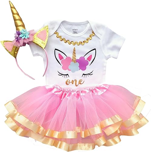 Luke and Lulu Conjunto de tutú de 3 piezas para cumpleaños de unicornio para niñas pequeñas, color rosa, arcoíris