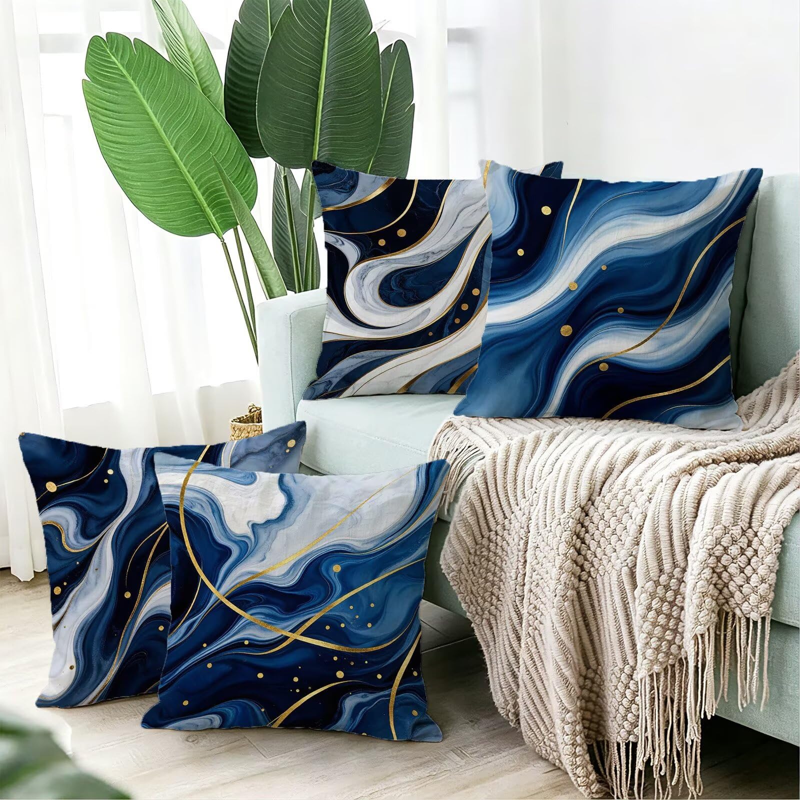 Blu Federe Cuscini Divano 50x50cm, Cuscini da Esterno Set de 4, Cod-90 | Velour Copricuscini Decorativi Letto Arredo, per Letto, Soggiorno, Giardino, Esterno, Casa Decorazione Set di 4 Linea