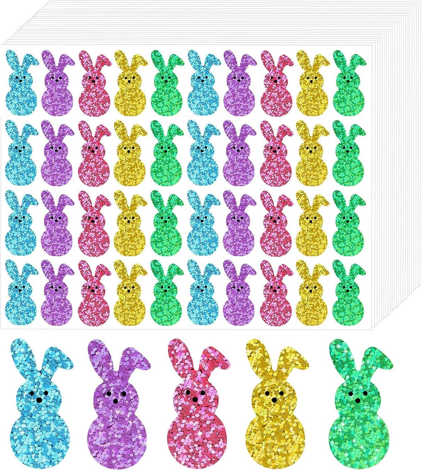 Easter Bunny Stickers 600Pcs Glitter Rabbit Stickers 5 Colors Egg Rabbit Adhesive Decals for Envelope Seal Card Easter Egg Decoration