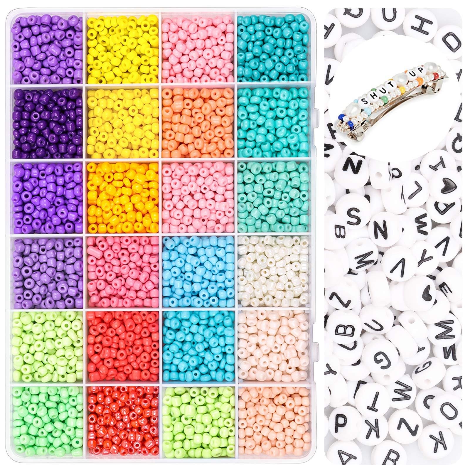 Yholin Glass Seed Beads with Letter Beads Small Kit Beads Bulk with Container Box,1920pcs 4mm 6/0 Small Craft Beads with 0.8 Elastic String and Tweezers for DIY Bracelet Jewelry Making Supplies