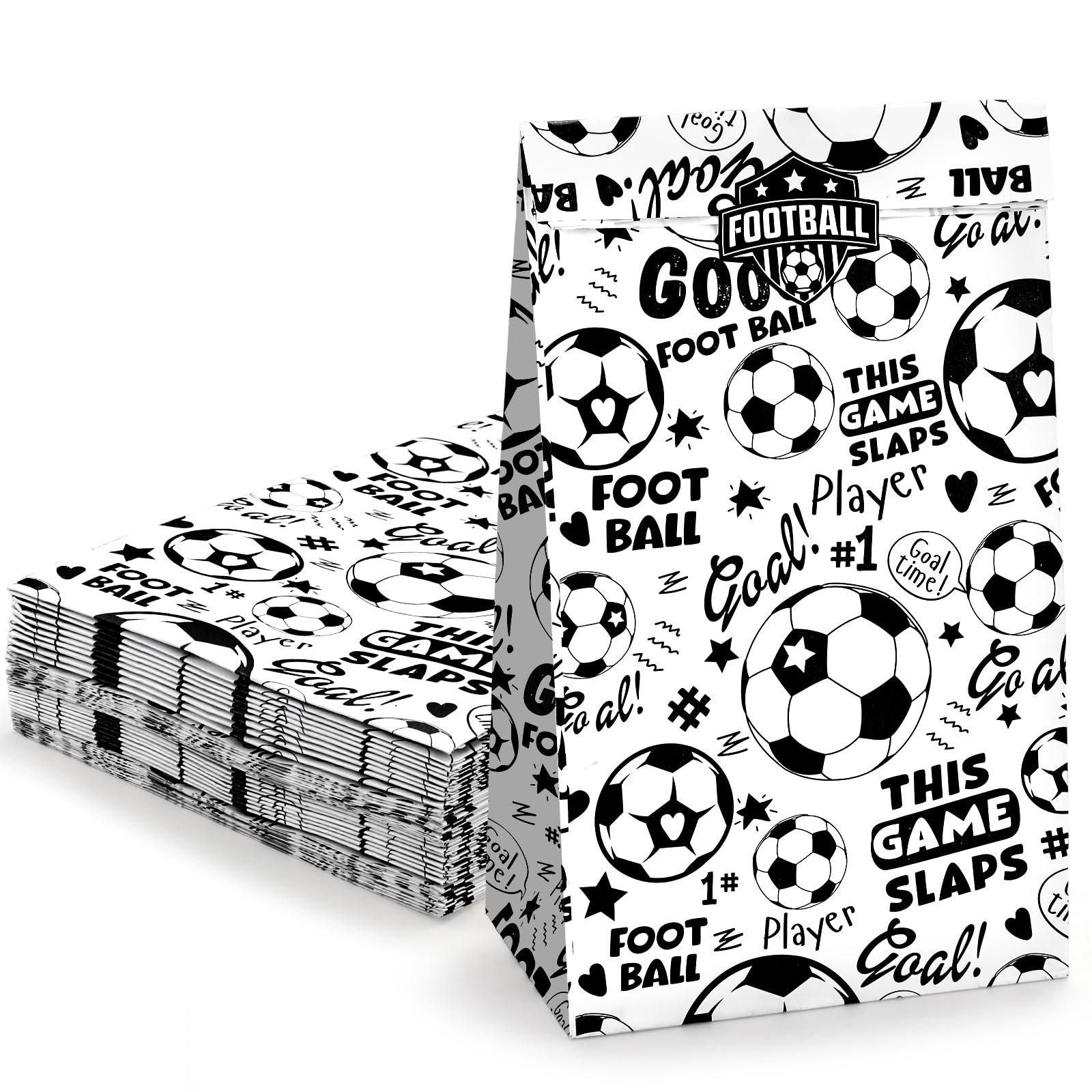 woric 36 Pcs Football Party Bags, 24 * 13 * 8cm Boys Party Bags Birthday Gift Bag with Stickers Paper Treat Gift Bag for World Cup 2026 Party Decor Birthday Snack Packaging