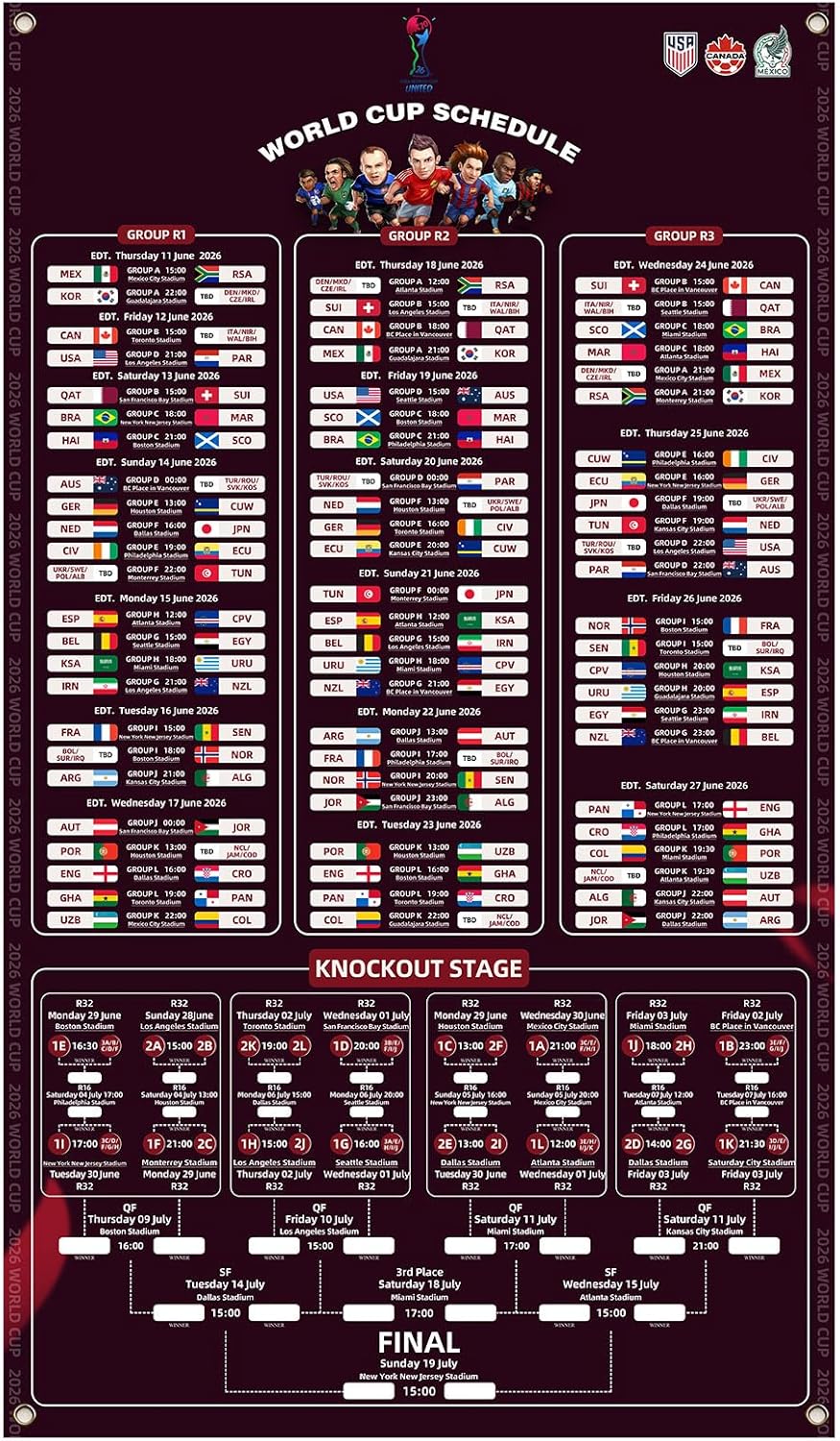 Ouvgen 2026 World Cup Schedule Poster - Tournament Chart on Premium Satin Polyester with Metal Grommets for Watch Parties, Office, Bar Decor & Soccer Gifts (Red, 97.24in*56.69in)