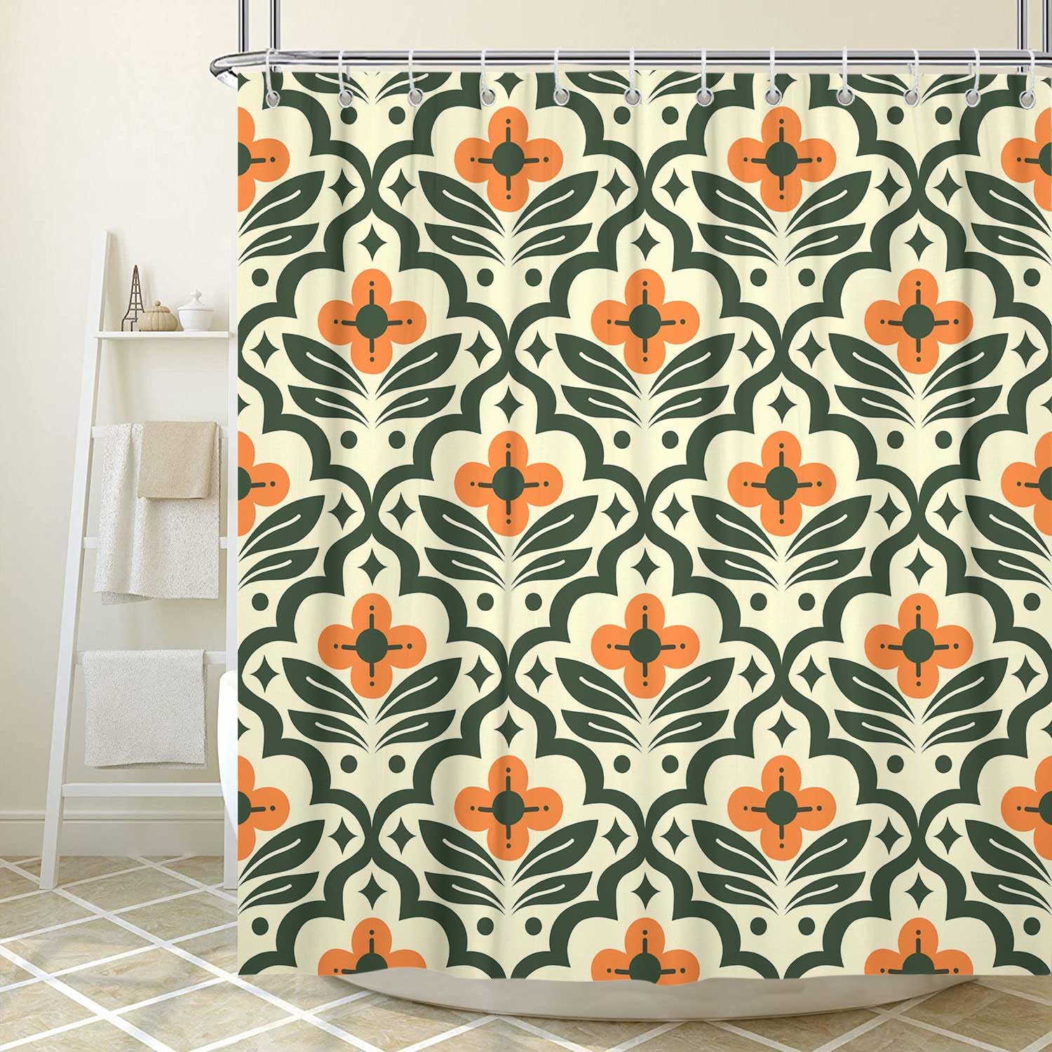 Vintage Boho Floral Shower Curtain, Beige Green Orange Retro Flower Fabric Shower Curtains Set for Bathroom Decorative, Mid Century Modern Abstract