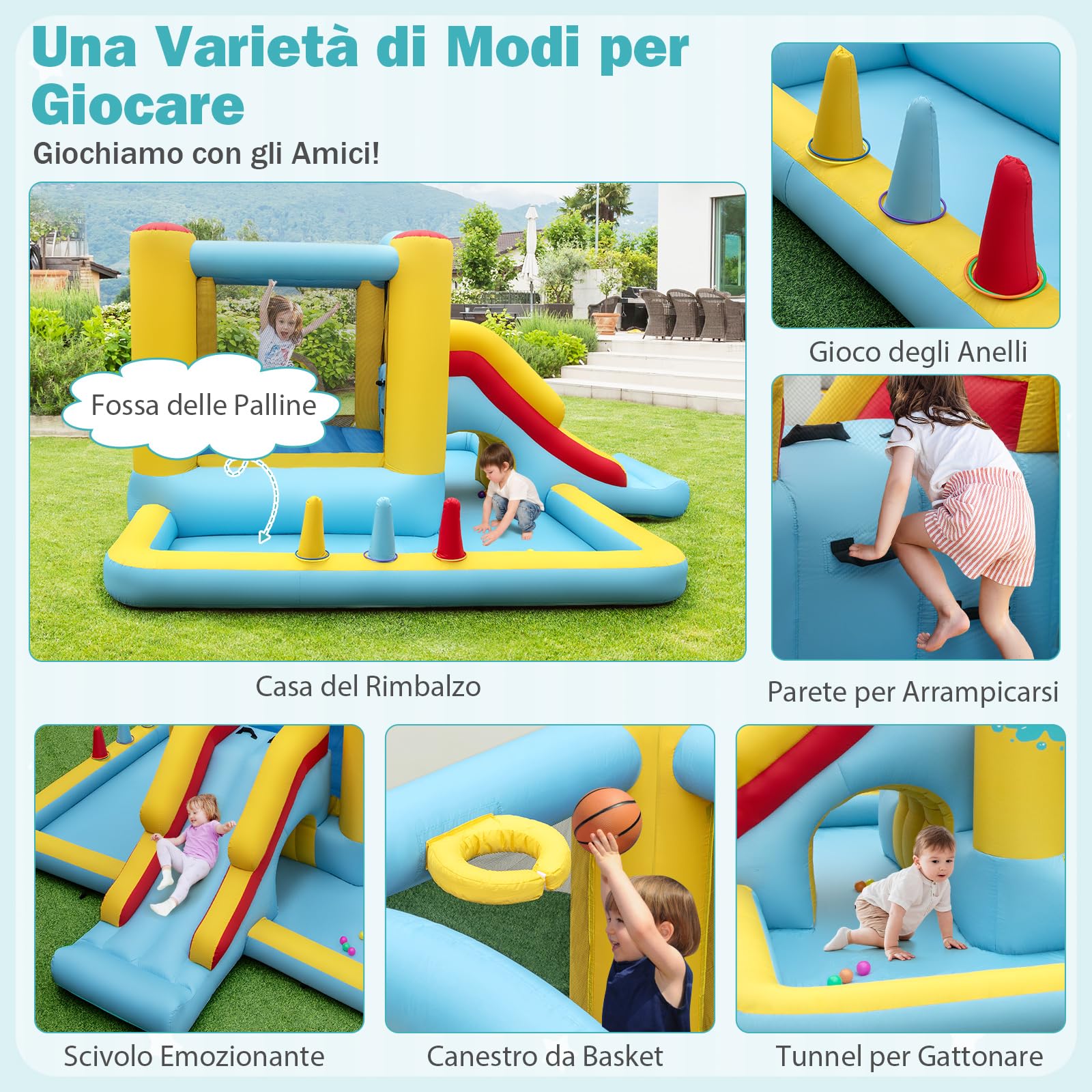 COSTWAY Castello Gonfiabile 7 in 1 per Bambini con Scivolo, Castello Gonfiabile con Mongolfiera, 50 Palline, Anelli e Basket, Gioco Gonfiabile da Interno ed Esterno, per Bambini da 3 a 10 Anni