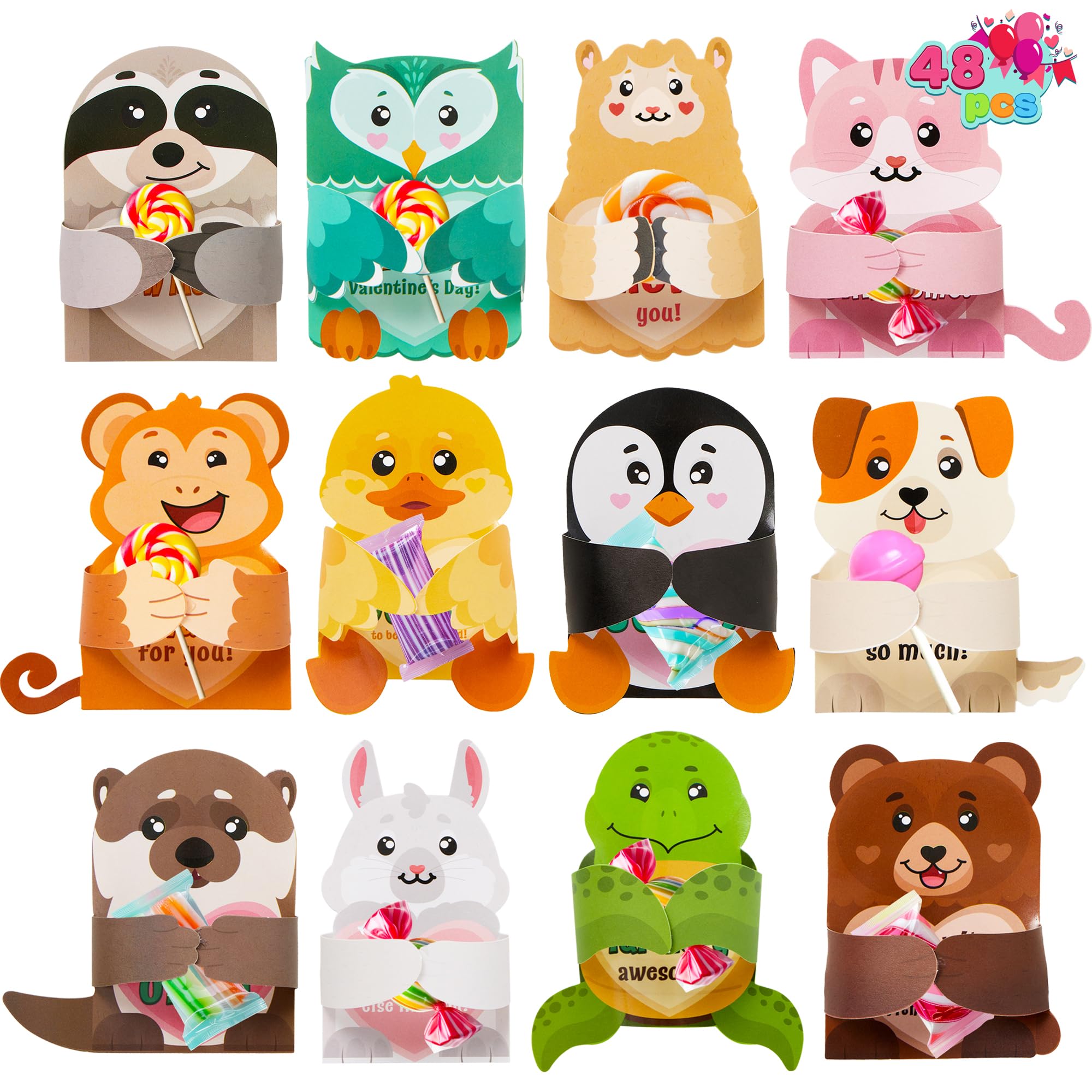 JOYIN 48 tarjetas de regalo para el día de San Valentín con diseños de animales, tarjetas de felicitación de San Valentín, tarjetas de felicitación para niños, premios de recompensas de vacaciones,