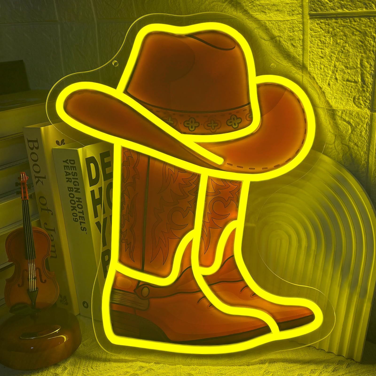 Cowboy Boot Neon Light Sign, Western Cowboy Hat Neon Signs for Wall Decor, Dimmable USB Powered LED Neon Lights for Game Room, Bedroom, Party, Bar, Birthday Holiday Gifts (Golden) — image 1