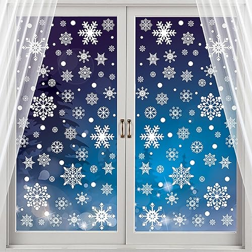 8 hojas de copos de nieve blancos para ventana, calcomanías de copos de nieve de Navidad, calcomanías de ventana de nieve de invierno, decoración de