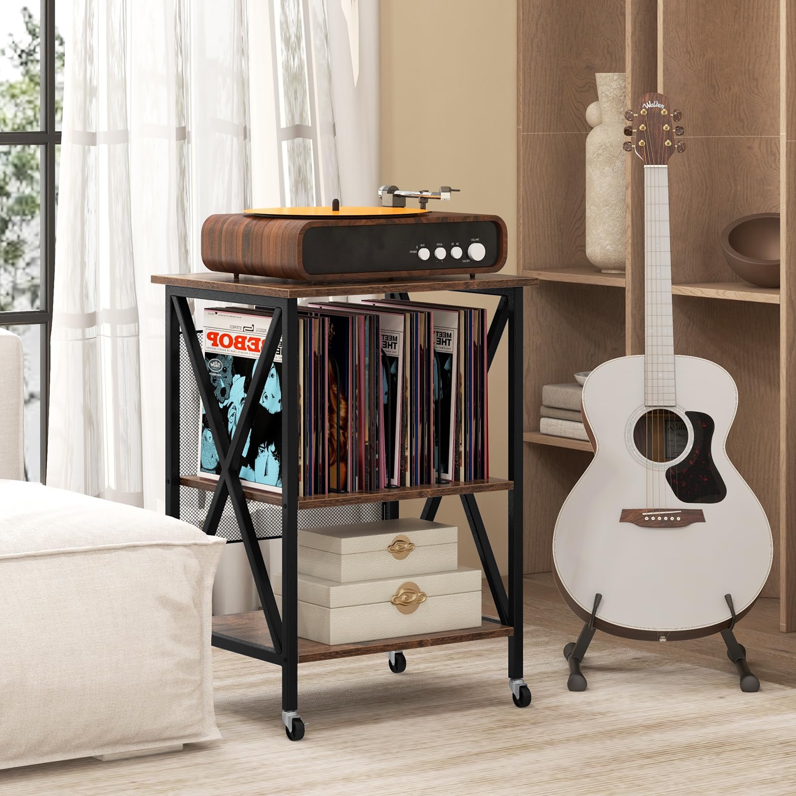 COSTWAY Supporto per Giradischi, Supporto per Giradischi in Vinile con Presa di Corrente e Porta USB, Ruote Bloccabili, 3 Livelli, per Soggiorno, Camera da Letto, 52 x 45 x 75 cm (Marrone)