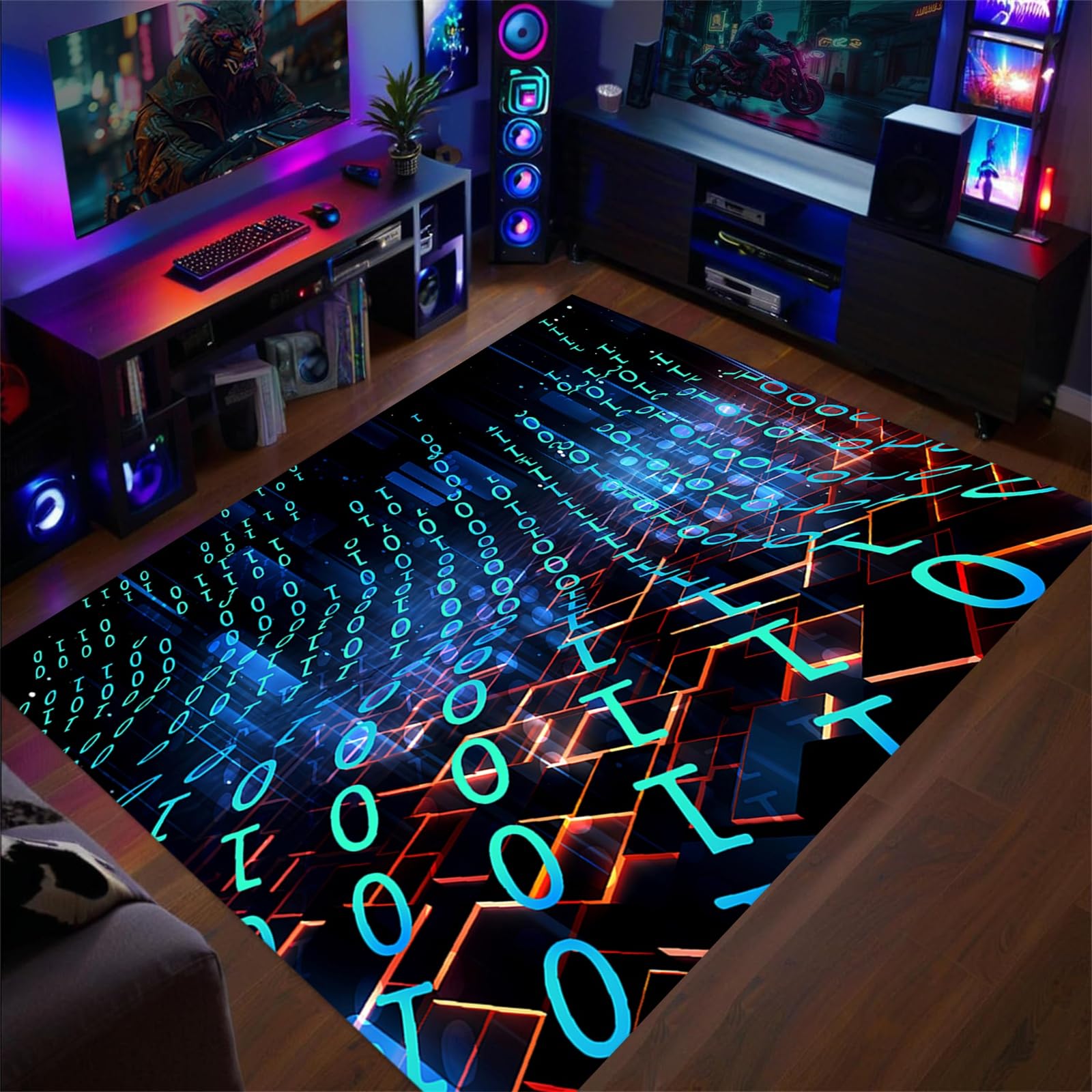 AOESELN 3D Optical Illusion Area Rugs for Living Room,140x200cm,Modern Digital Technology Code Design Gaming Programmer Teen Carpet Rug Doormat,Washable Non-Slip for Bedroom Playroom Home Decoration
