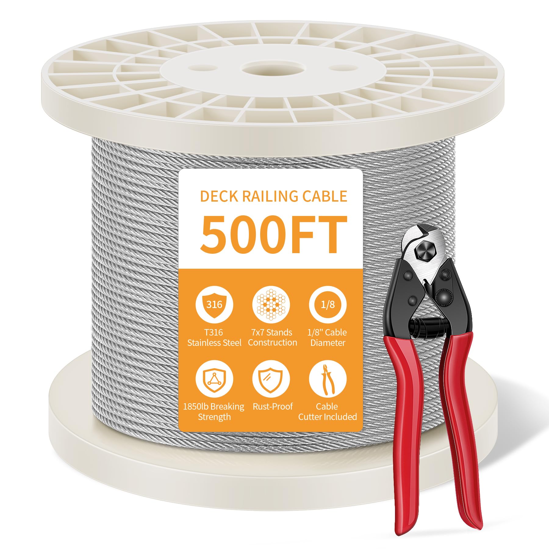 Spiglamm 500FT T316 Stainless Steel Cable with a Cutter, 1/8" Wire Rope Cable 7x7 Strands Construction, Marine Grade Deck Railing Cable for Deck,
