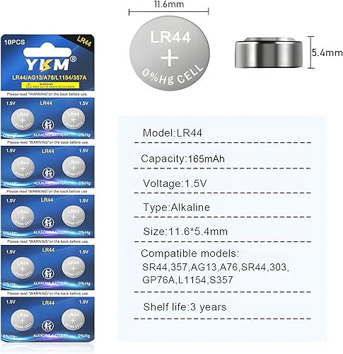 Miniatura 2 de YKM LR44 Baterías L1154f A76 357303 L1154 SR44 L1154c LR44h Batería alcalina de 1.5 V para reloj Calibre digital AG13 Batería de botón Batería de