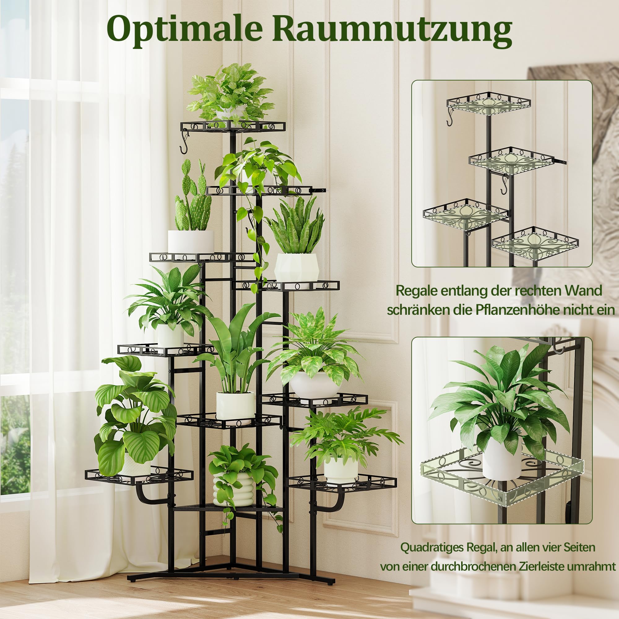 Quikraen 9 Ebenen Blumenständer, Pflanzenständer, 150cm, Metall, Schwarz | L-förmiges Design Pflanzenregal, Outdoor & Indoor Blumenregal, Blumentreppe für Wohnzimmer, Garten, Balkon, Rostbeständigen