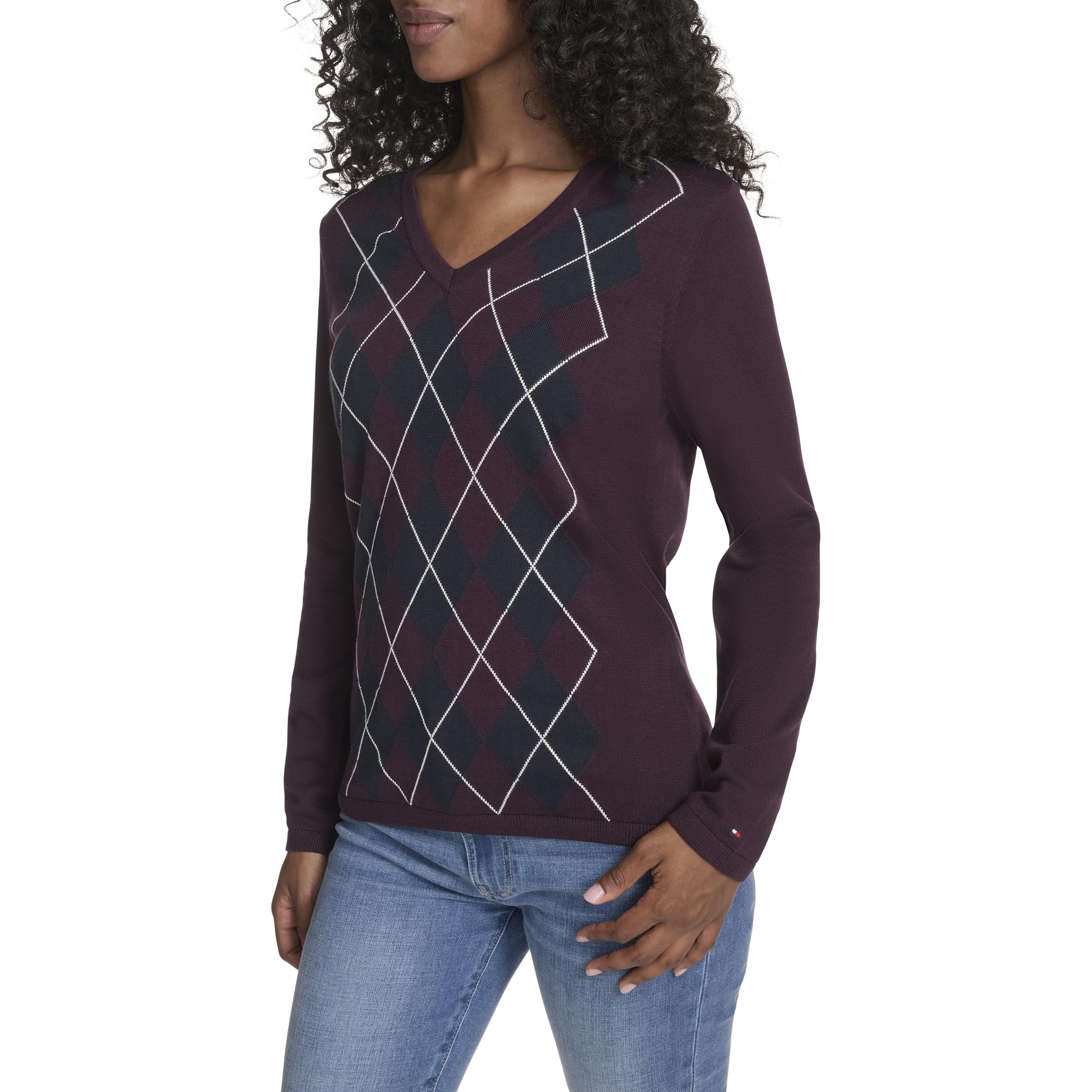 Tommy Hilfiger Damen Long Sleeve Cotton Argyle V-Neck Sweater Pullover (1er Pack)
