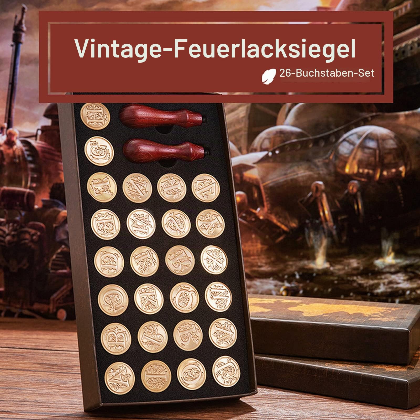 Wachs Siegel Stempel Set, Alphabet Initialen Siegel Stempelkopf Kupfer mit 2 Holzgriff, Classic Vintage 26 Buchstaben AZ Geschenkbox für Antikes Manuskript, Grußkarten, Hochzeit Einladung