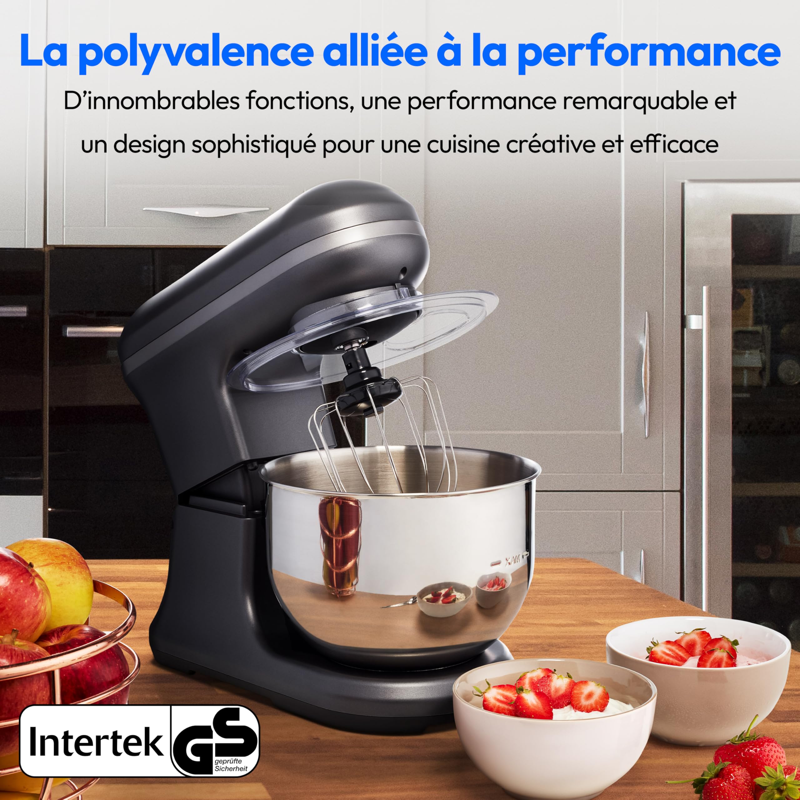 MEDION Robot de cuisine (1 200 watts, 8 vitesses, mélanger pétrir remuer, écran digital, bol en inox de 5 litres, bol à glace pour la préparation de glace, MD18420) Anthracite