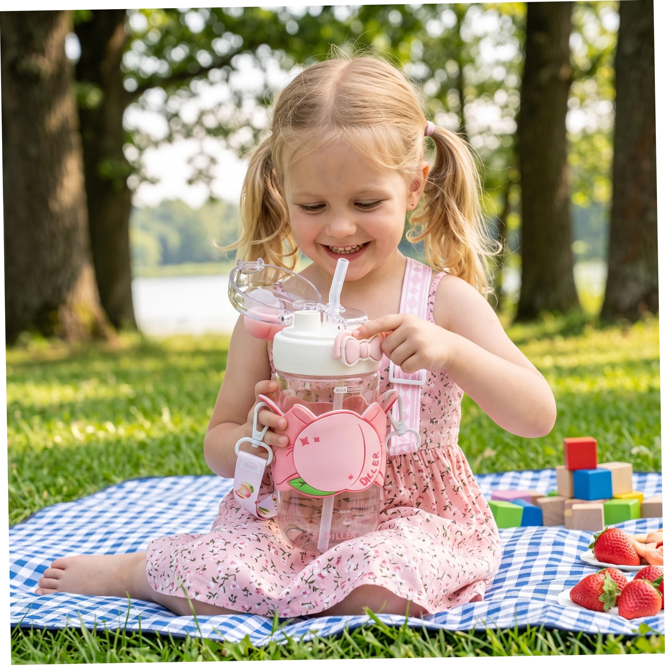 Botellas de Agua para niños Botella de Agua Kawaii de 580 ml con Tapa Doble para Beber y Correa Ajustable Funda de melocotón Lindo Vaso Estilo 1