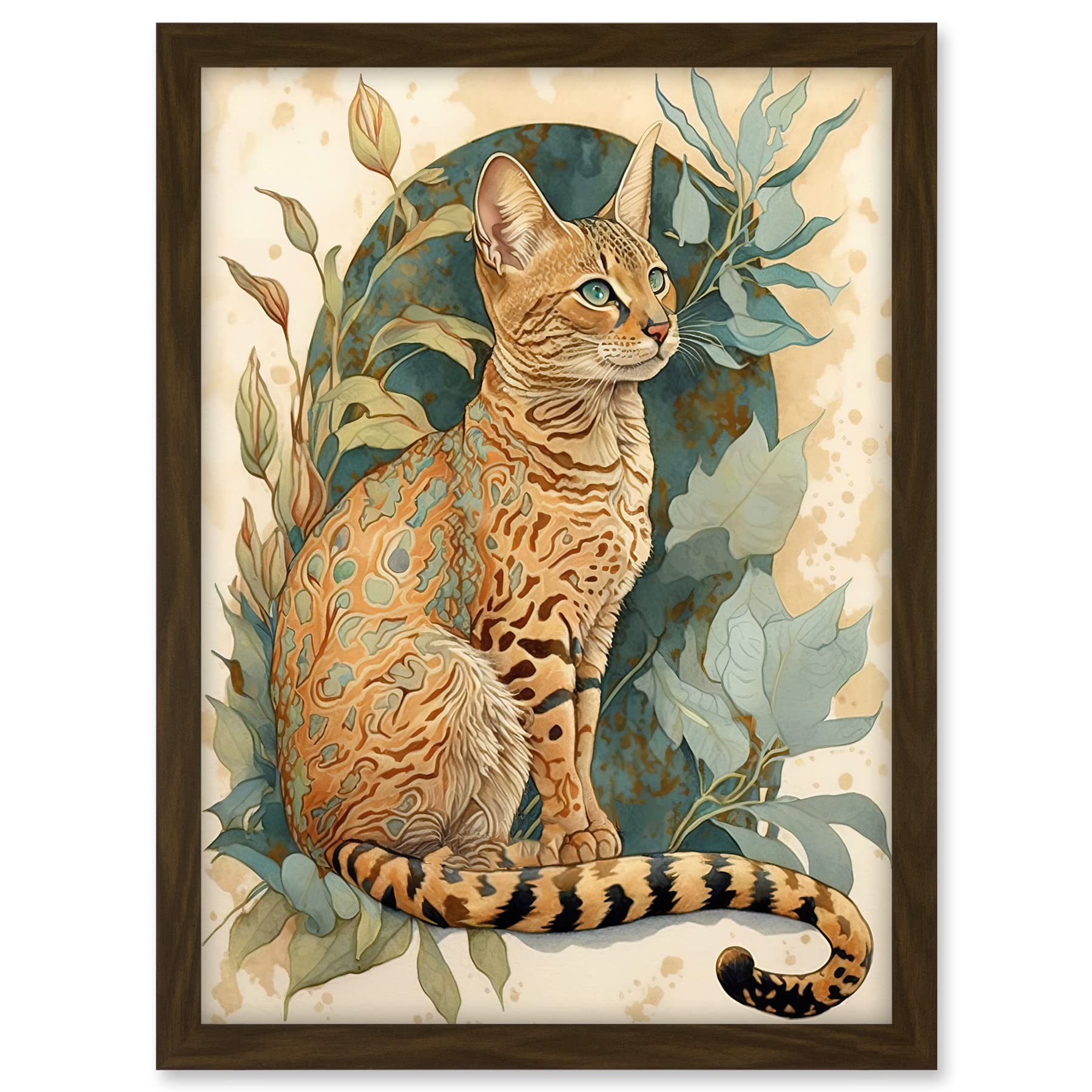 Artery8 Ocicat Cat with Teal Rosette Pattern Fur and Leafy Plants Watercolour Illustration Artwork Framed A3 Wall Art Print