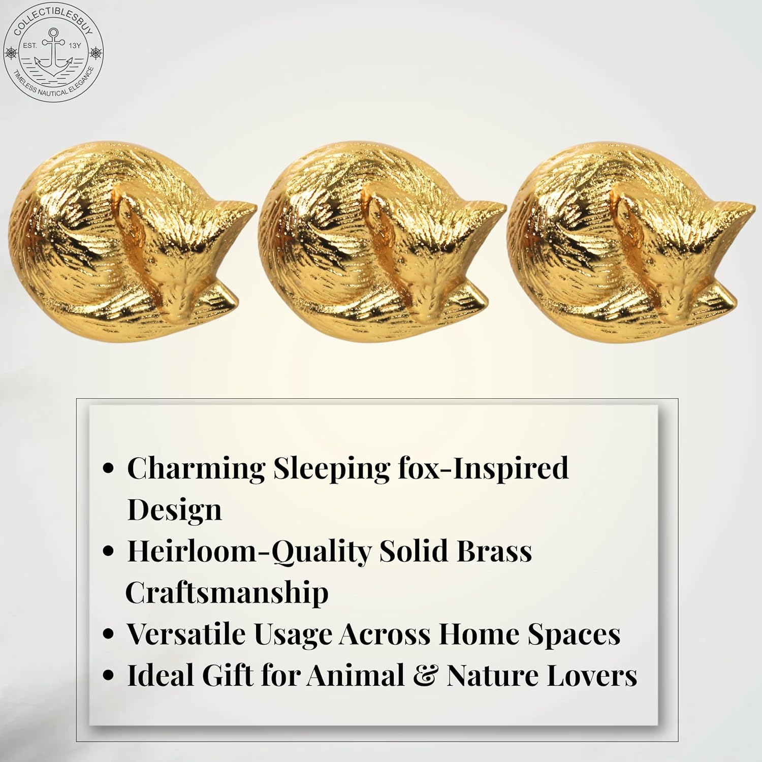 collectiblesBuy Shiny Brass Sleeping Fox Cabinet Knobs – Animal Drawer Pulls for Room, Cupboard, Closet, Dresser & Furniture Hardware | Wood Decor Knob Set (Pack of 3)