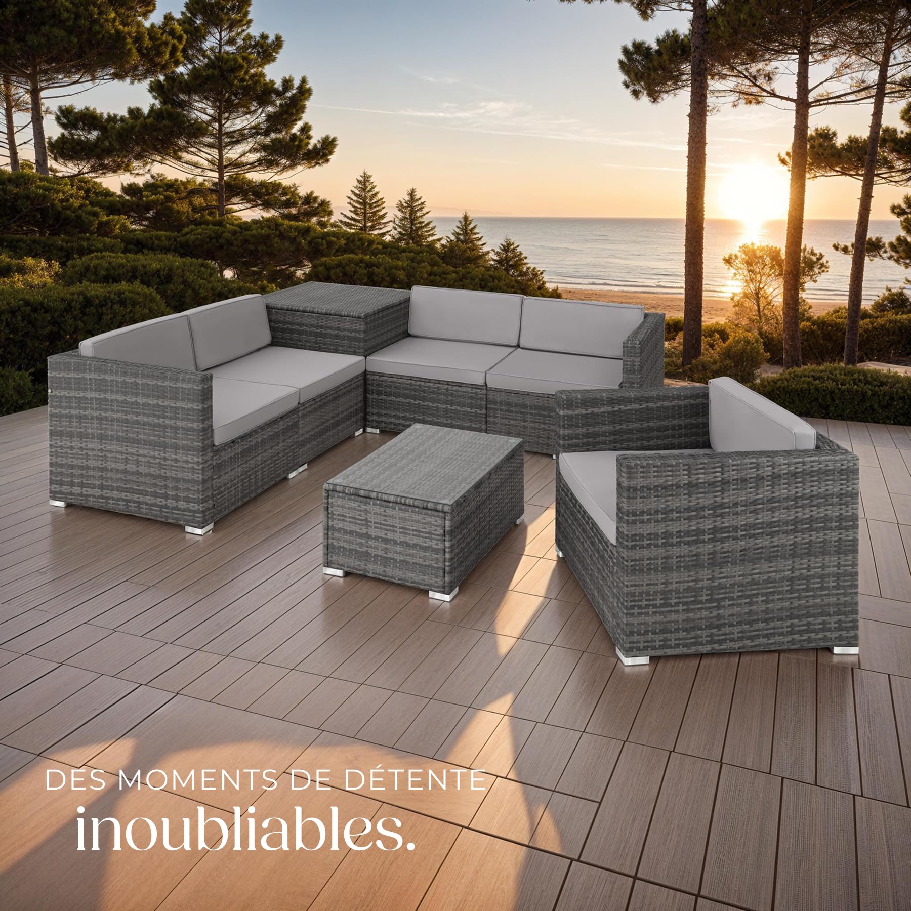 TecTake® Salon de Jardin Exterieur 5 Places en Resine Tressee Modulable 5 Fauteuil Jardin Coffre de Rangement et Table en Verre Inclus pour Amenagement Balcon Terrasse - Gris