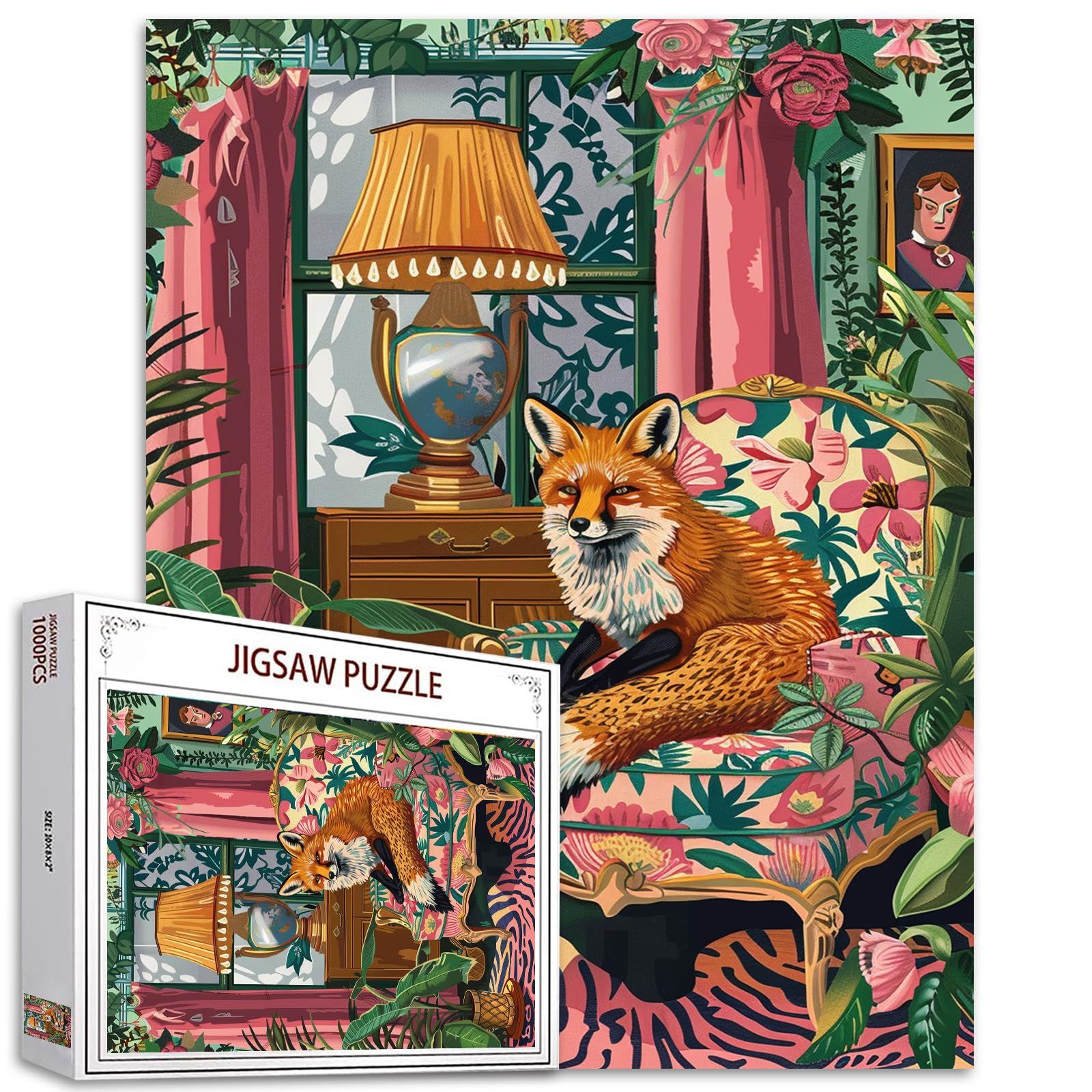 Cute Fox on Flowers 1000 Piece Jigsaw Puzzle for Adults, Jungle Animal Botanical Art DIY Puzzle for Home Decor, Family Game Night Gift