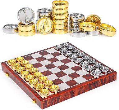 2-in-1 Metal Chess and Checkers Set for Adults & Kids Travel Chess Sets Luxury Wooden Foldable Chessboard with Storage Portable Classic Family Strategy Board Game with Metal Chess Pieces