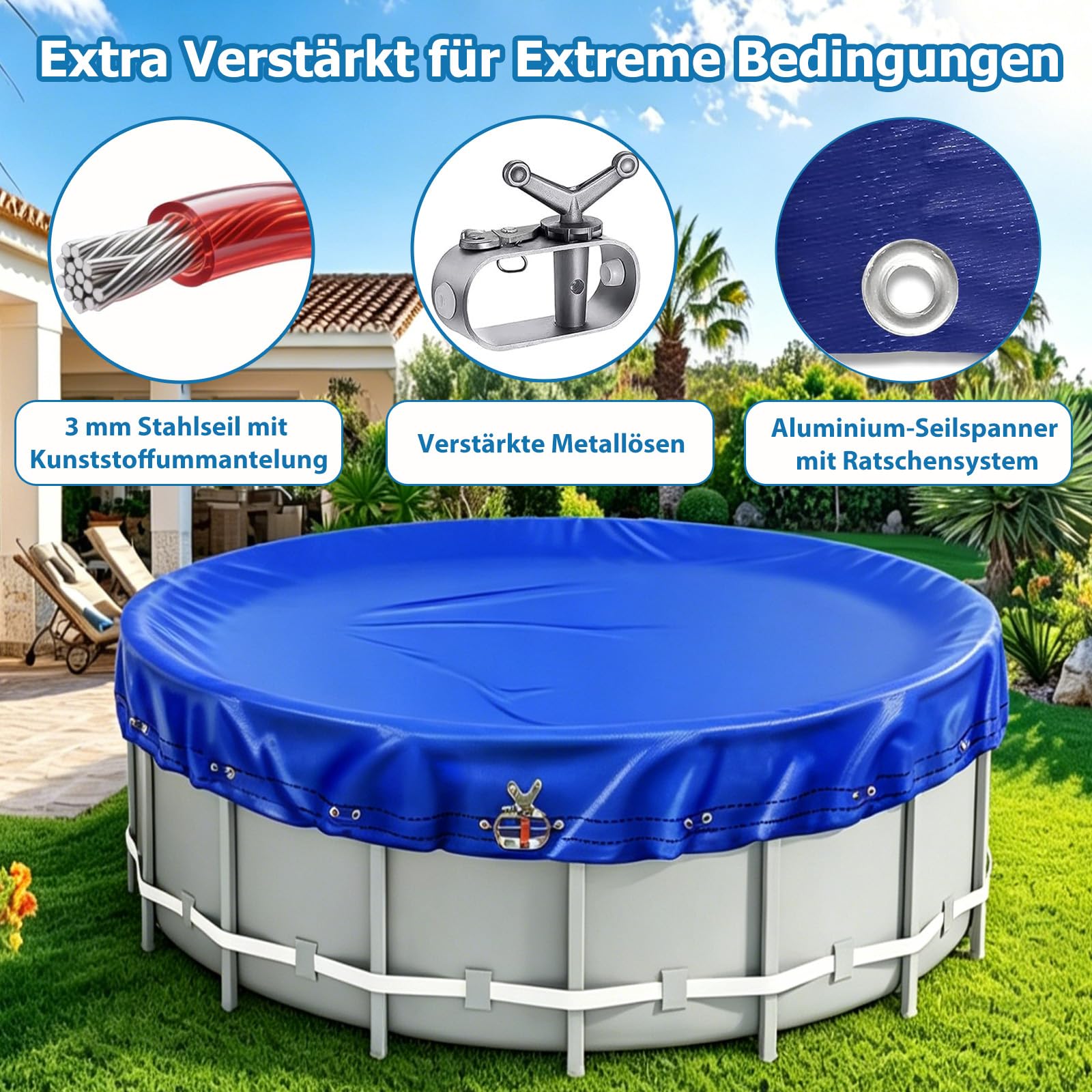 Poolabdeckung Rund für Pools Ø 320-366 cm, UV-beständige Solarplane Pool rund aus 200g/m² PE Material, abdeckplane Pool für Sommer & Winter, Ø 420 cm Pool Abdeckplane