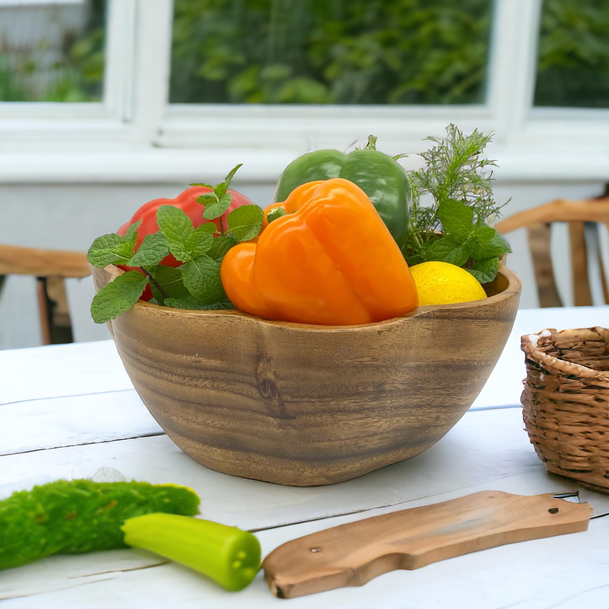 Cuenco redondo de madera para servir, para alimentos, ensaladas, frutas, exhibición decorativa, acacia tallada a mano, forma única de vieira, para la mesa de comedor y la cocina, 10 x 4.5
